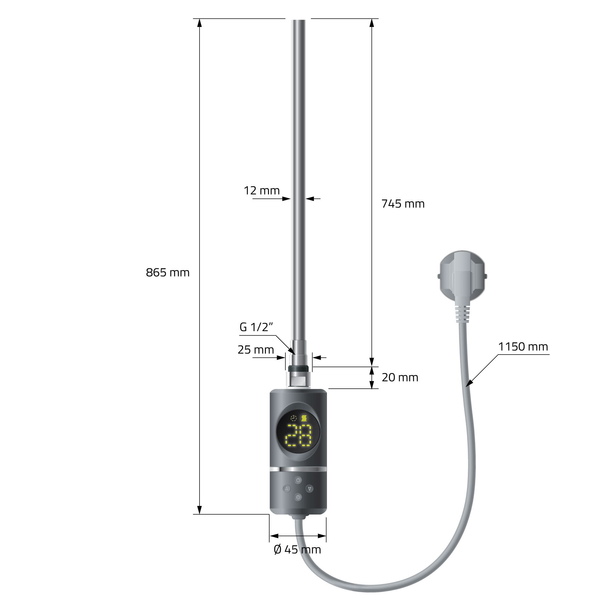Heizstab mit digitaler Anzeige, 865mm Länge, silberfarben, mit Kabel und Stecker.