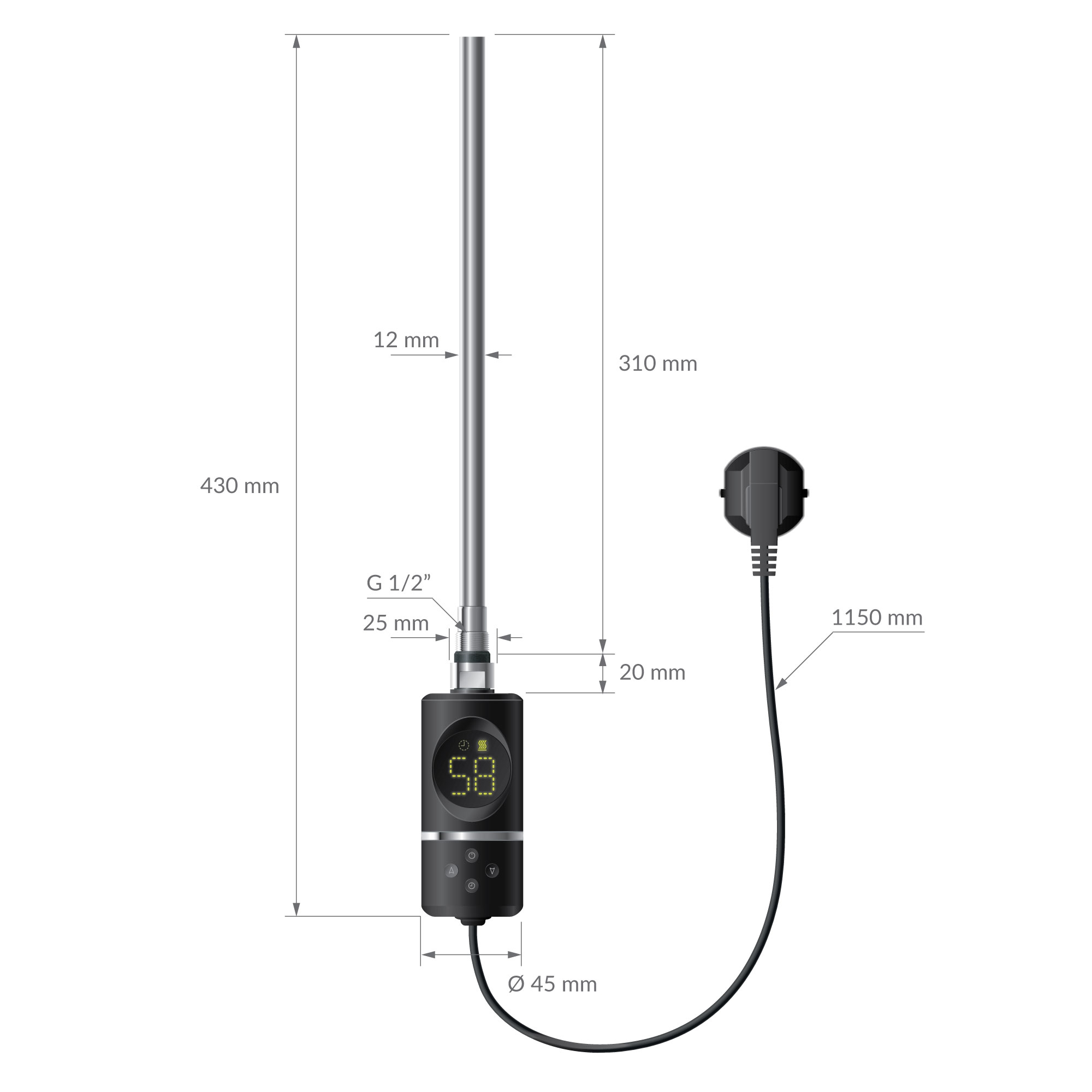 Ein silberner Stab mit schwarzem Bedienelement und Kabel. Maße sind angegeben.