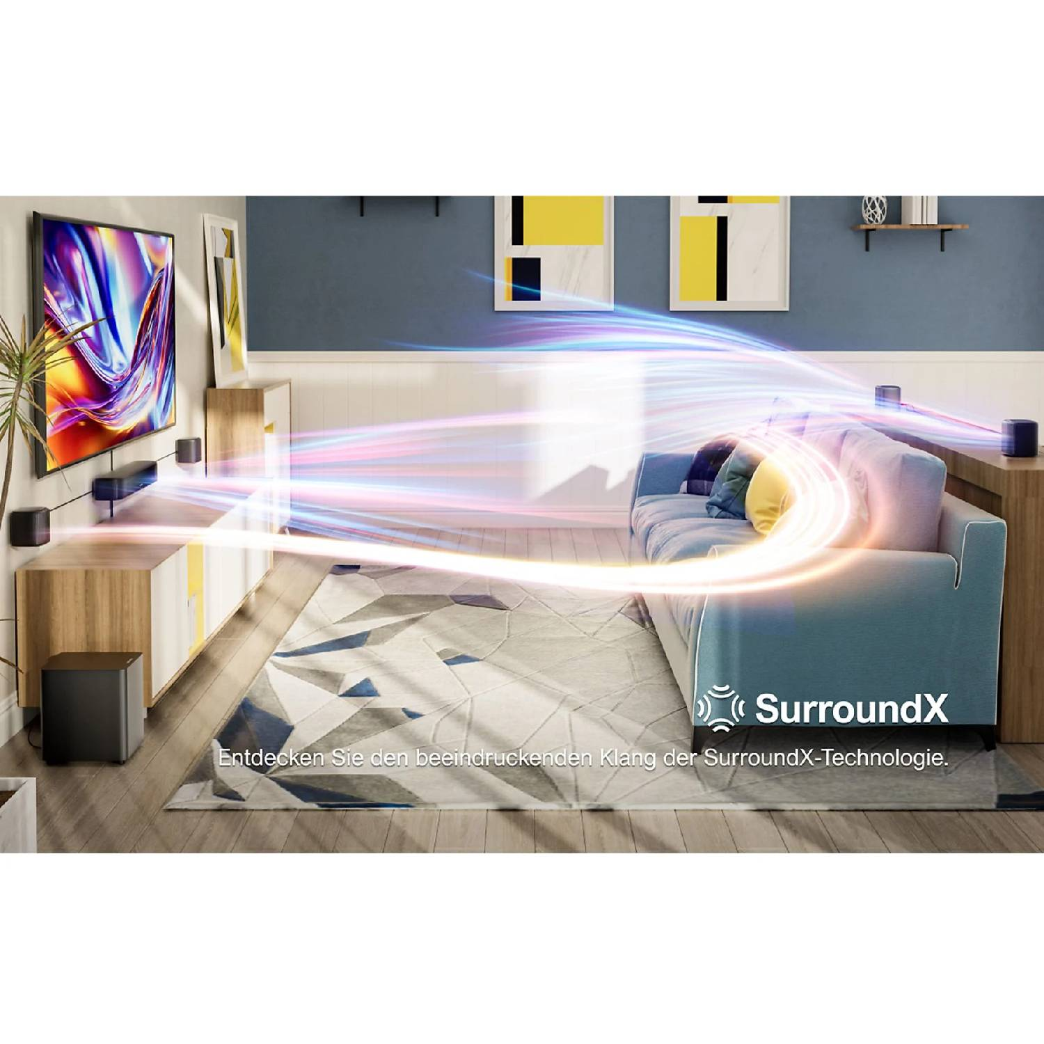 Salon avec TV, canapé et effet sonore surround.