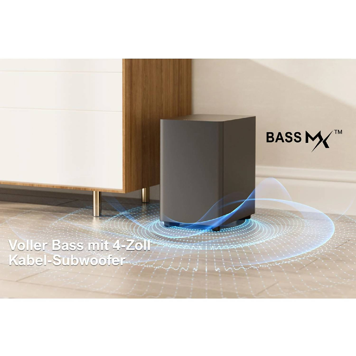 Caisson de basses noir sur un plancher en bois avec des ondes sonores bleues.