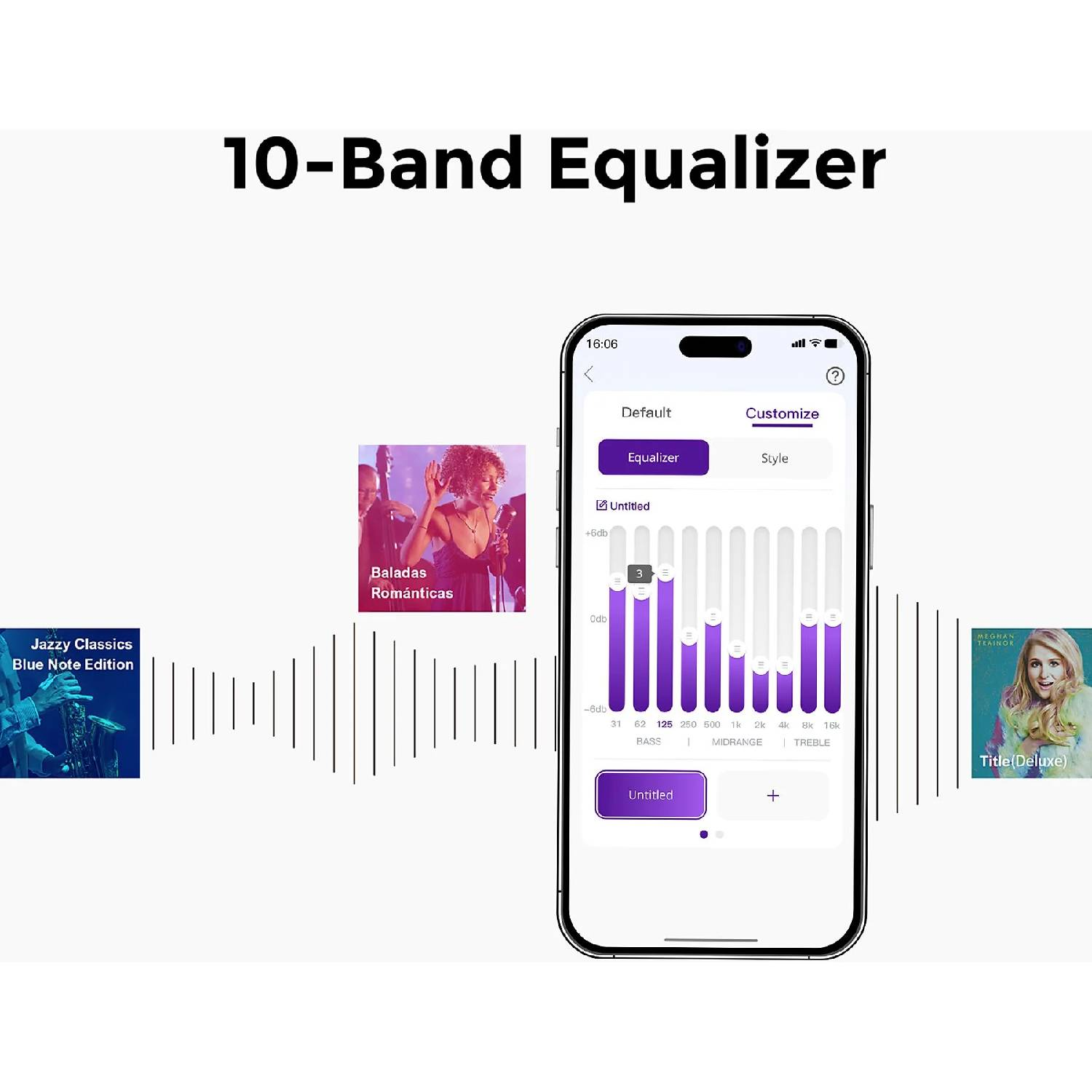 Uno smartphone mostra un equalizzatore a 10 bande con copertine di album.