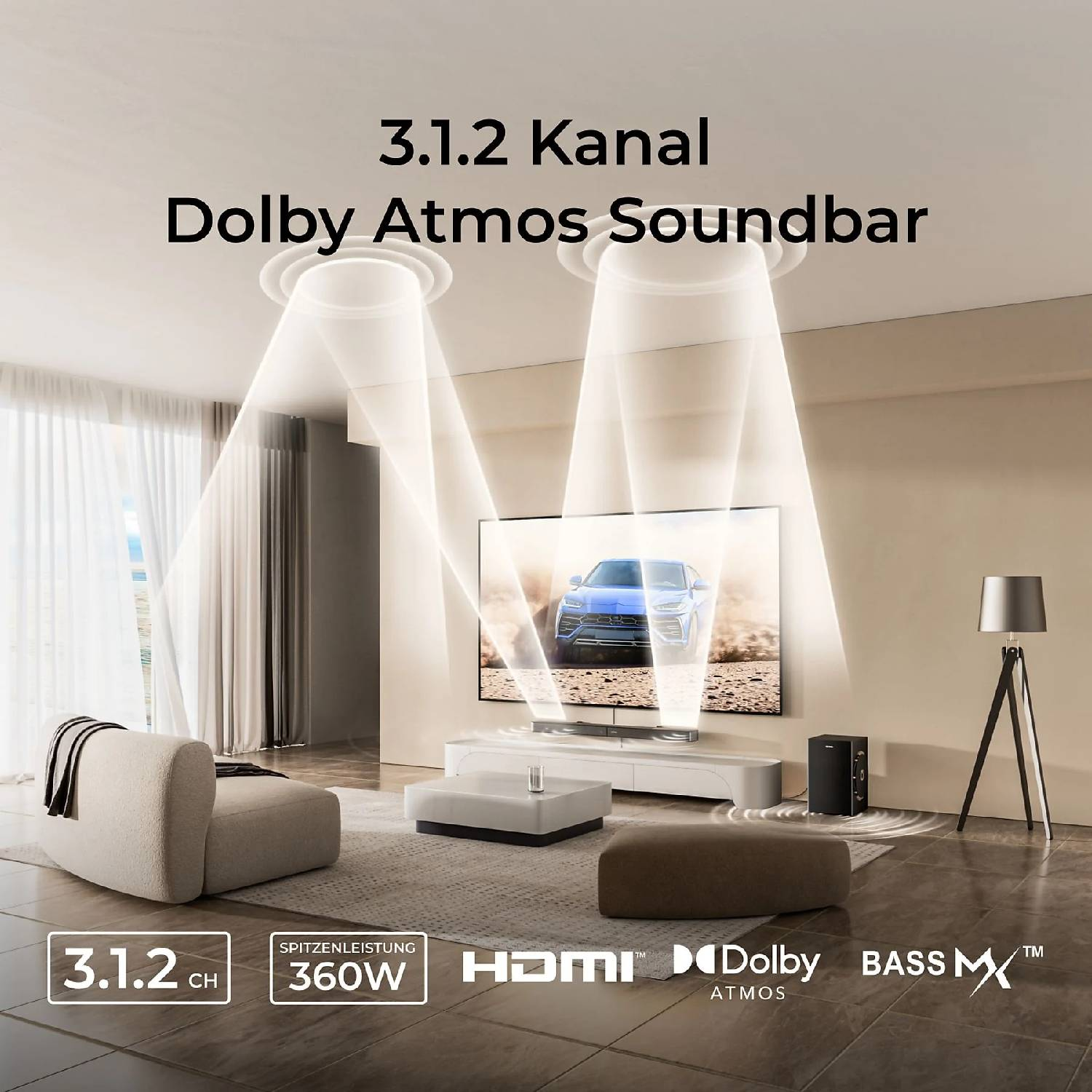 Barre de son Dolby Atmos 3.1.2 canaux 360W dans un salon.