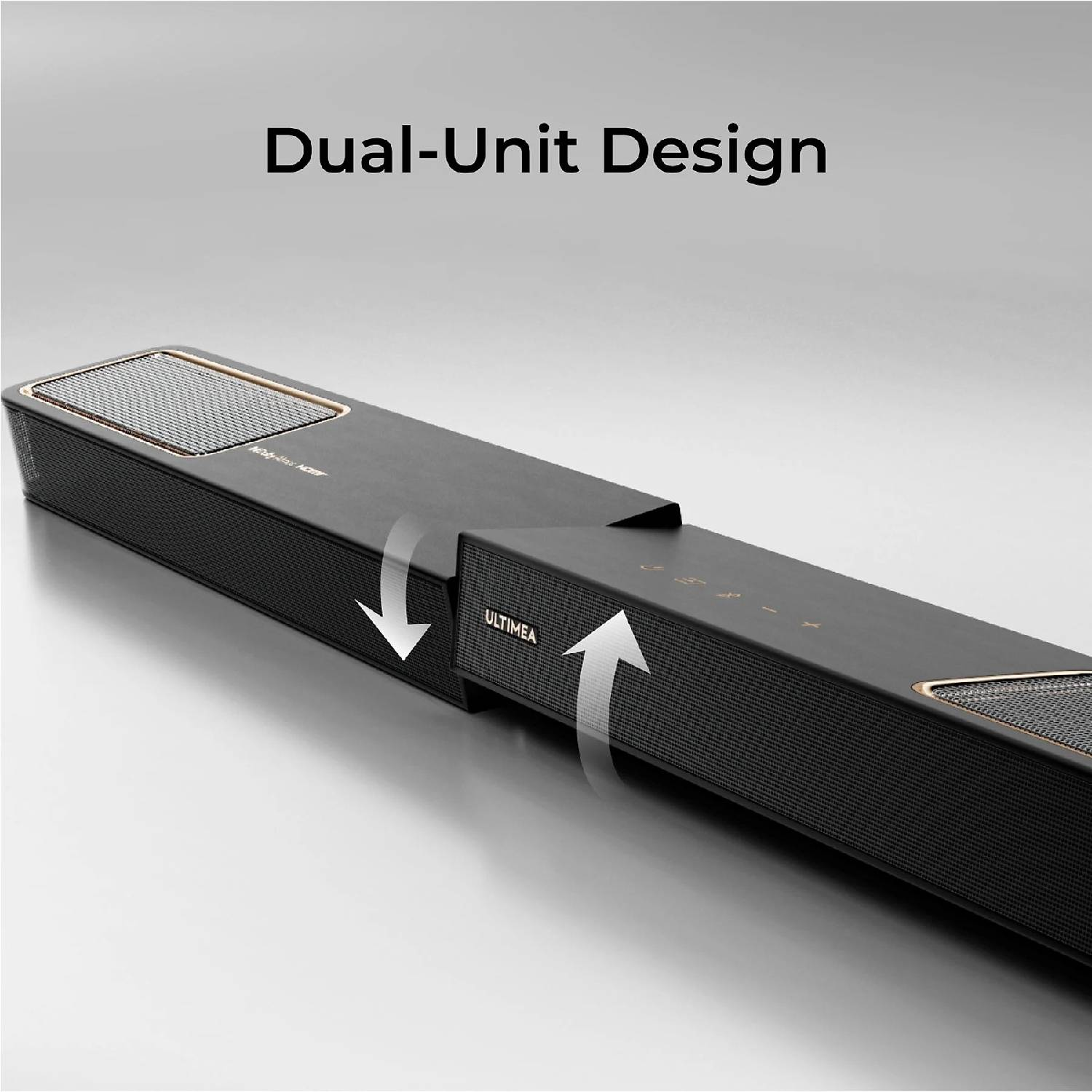 Haut-parleur noir avec texte "Dual-Unit Design" et flèches indiquant la séparation.