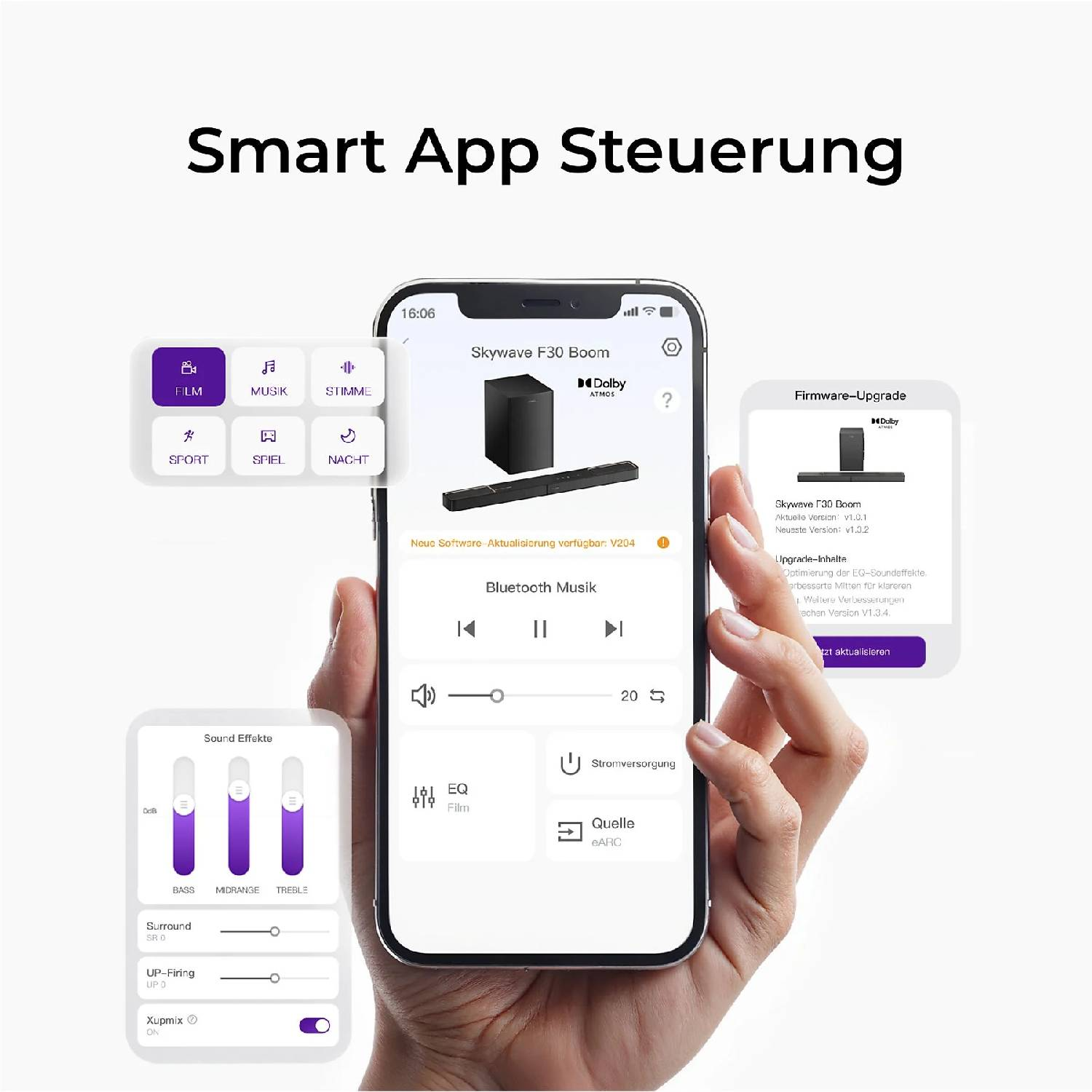 Une main tient un smartphone affichant une application avec des réglages audio et une mise à jour du firmware.