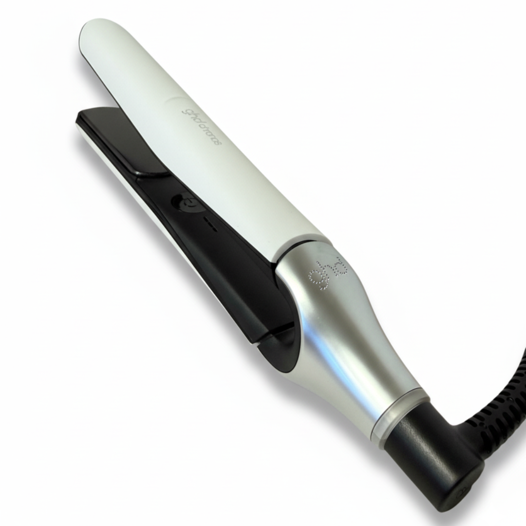 Ein weißer und silberner Haarglätter mit schwarzem Kabel.