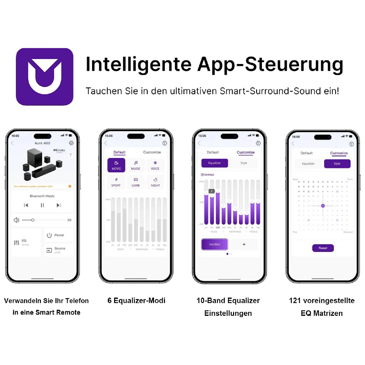 Controllo app con modalità EQ, equalizzatore a 10 bande e 121 preset.