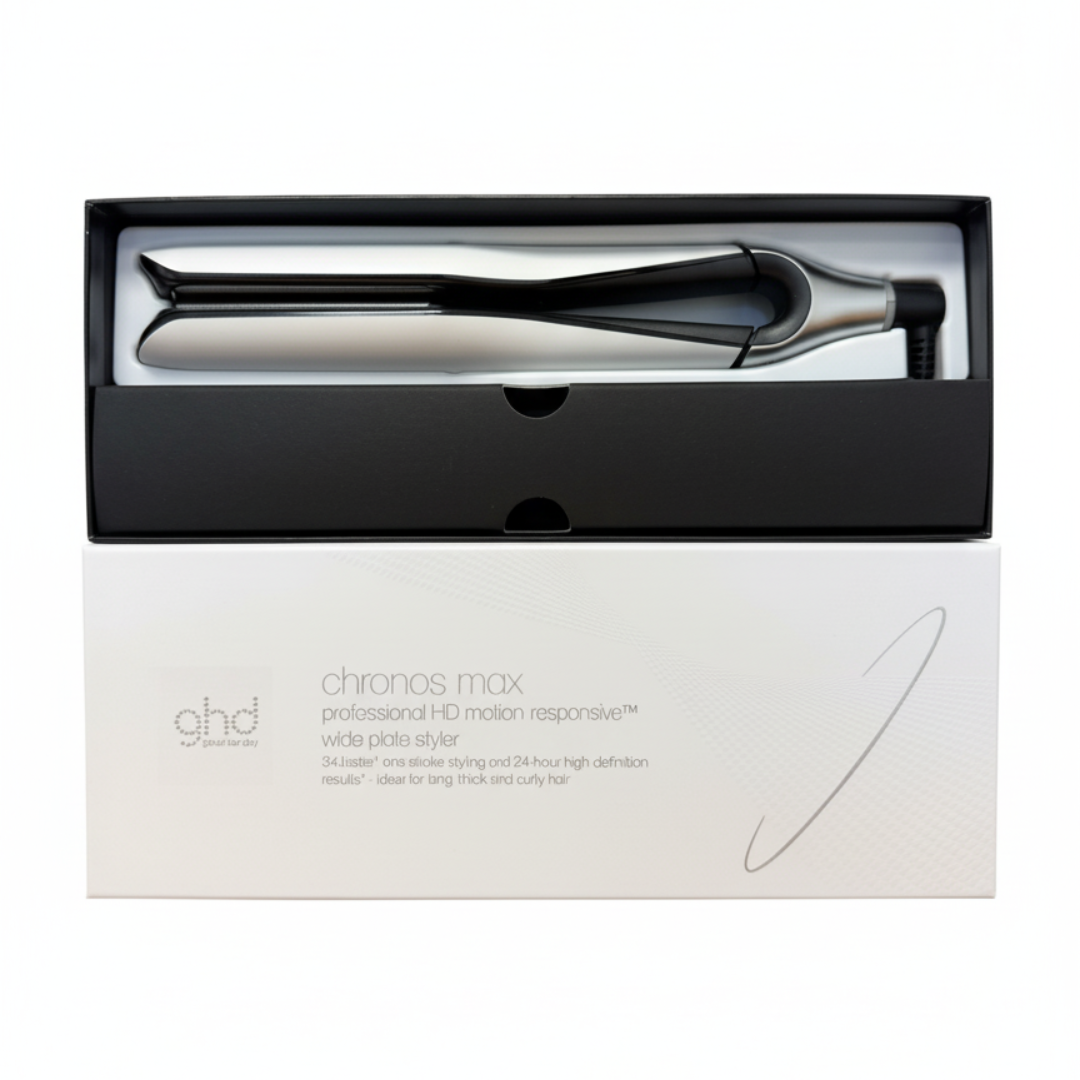 Ein GHD Chronos Max Haarglätter in einem schwarzen und weißen Karton.