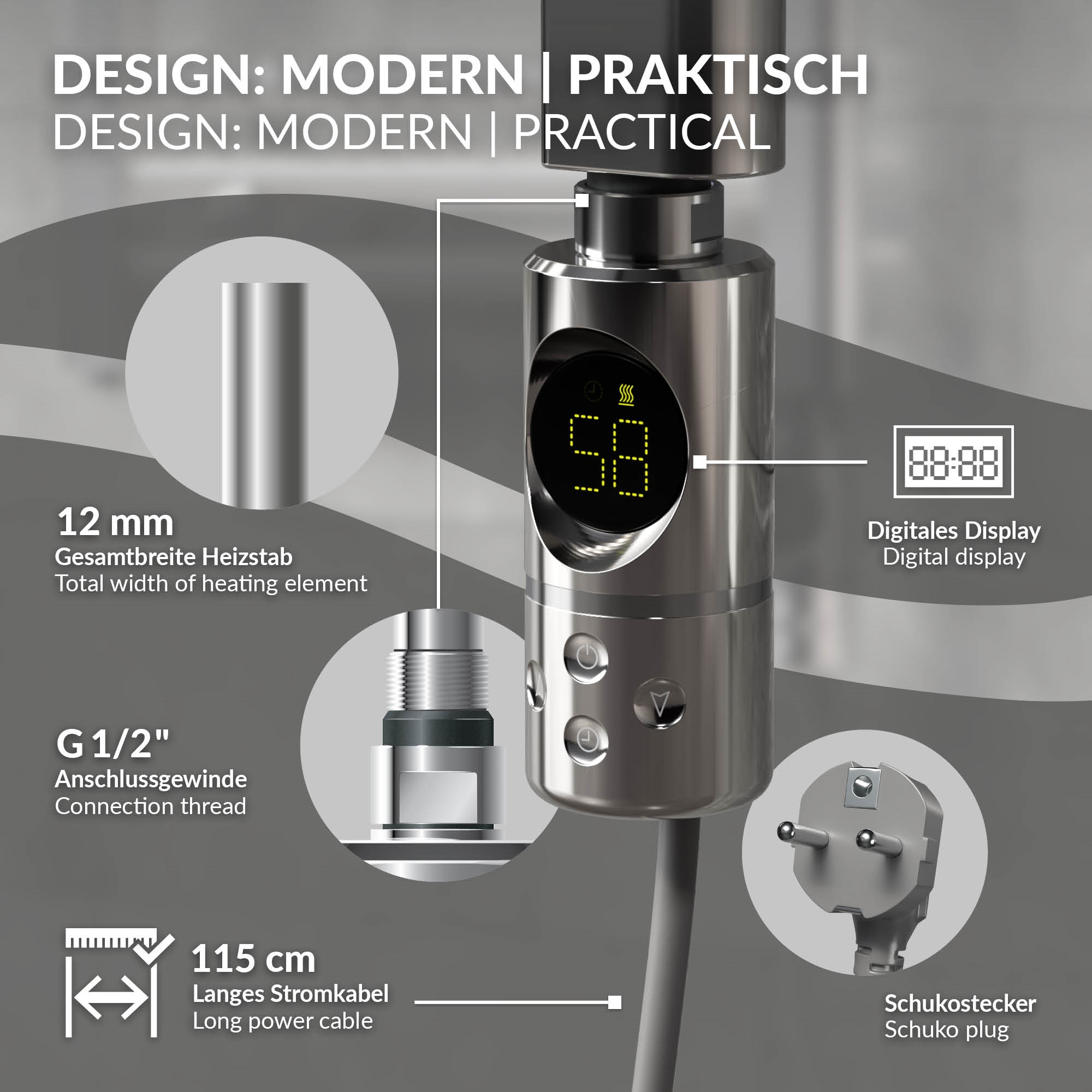 Moderne Heizung mit Digitalanzeige, 12mm Stab, G1/2 Anschluss, 115cm Kabel & Schukostecker.