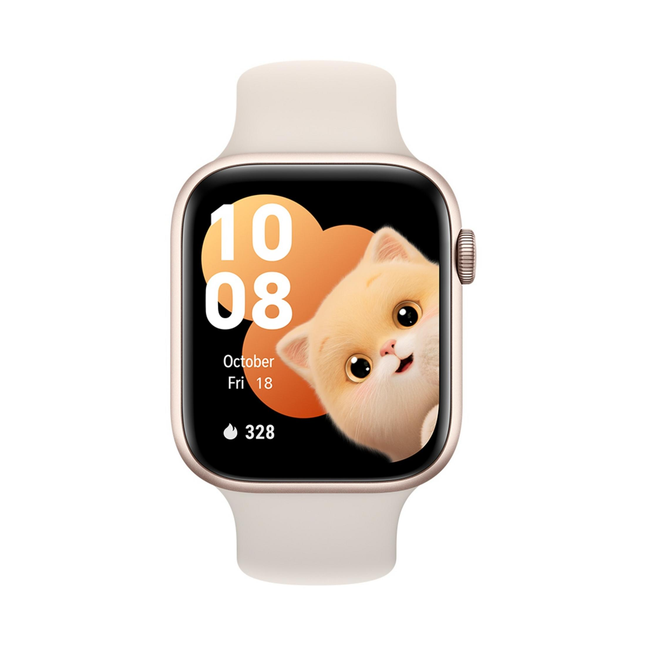 Eine Smartwatch mit einem süßen Katzen-Zifferblatt und beige"farbenem Band.