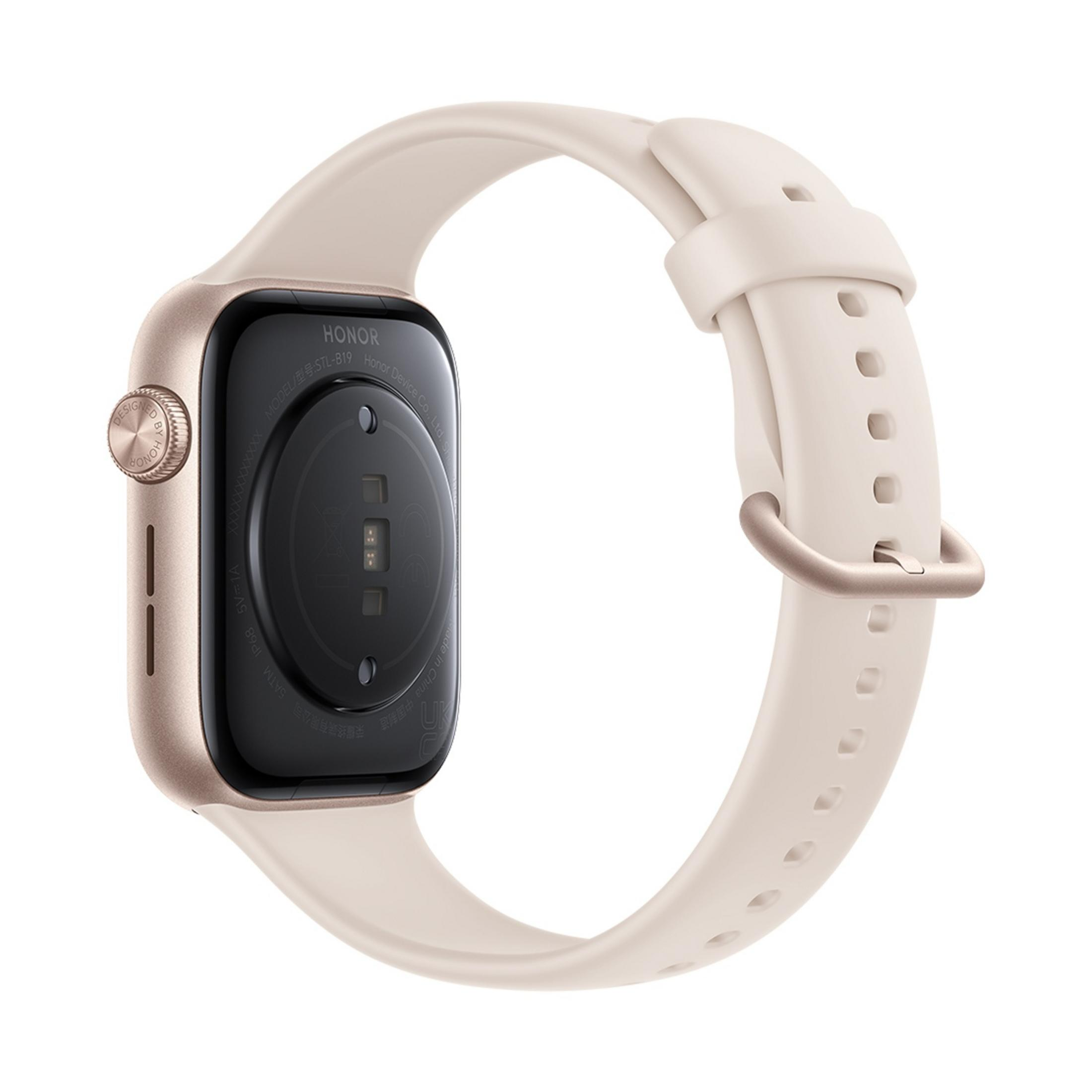 Ein goldfarbenes Honor-Smartwatch-Gehäuse mit hellem Band. Die Rückseite zeigt Ladekontakte.