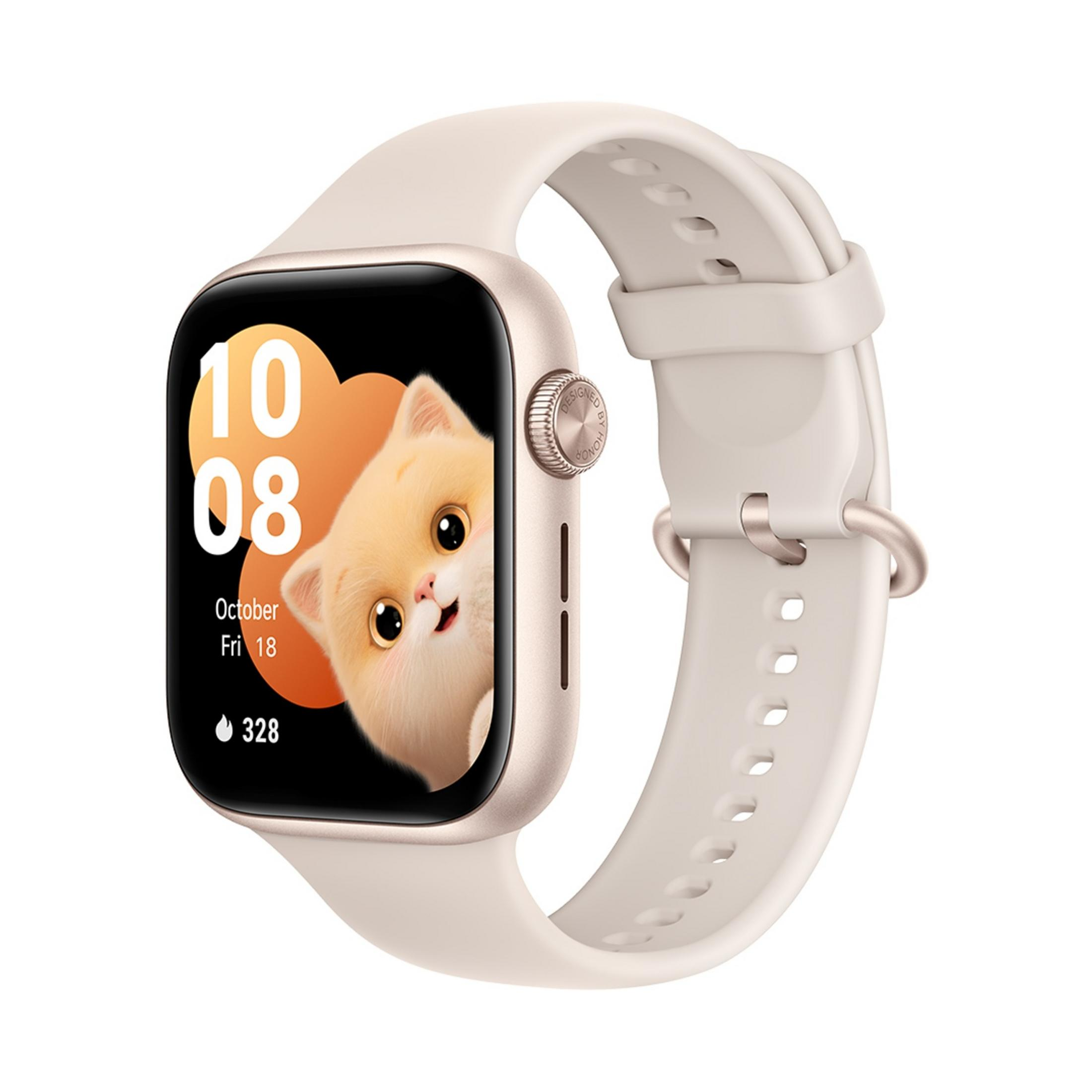 Eine helle Smartwatch mit einem Katzen-Zifferblatt, Datum und Uhrzeit.