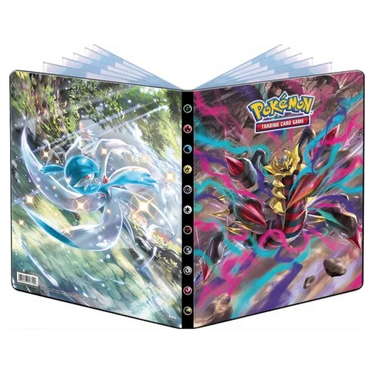 Offenes Pokémon-Album mit Gardevoir links und Giratina rechts.
