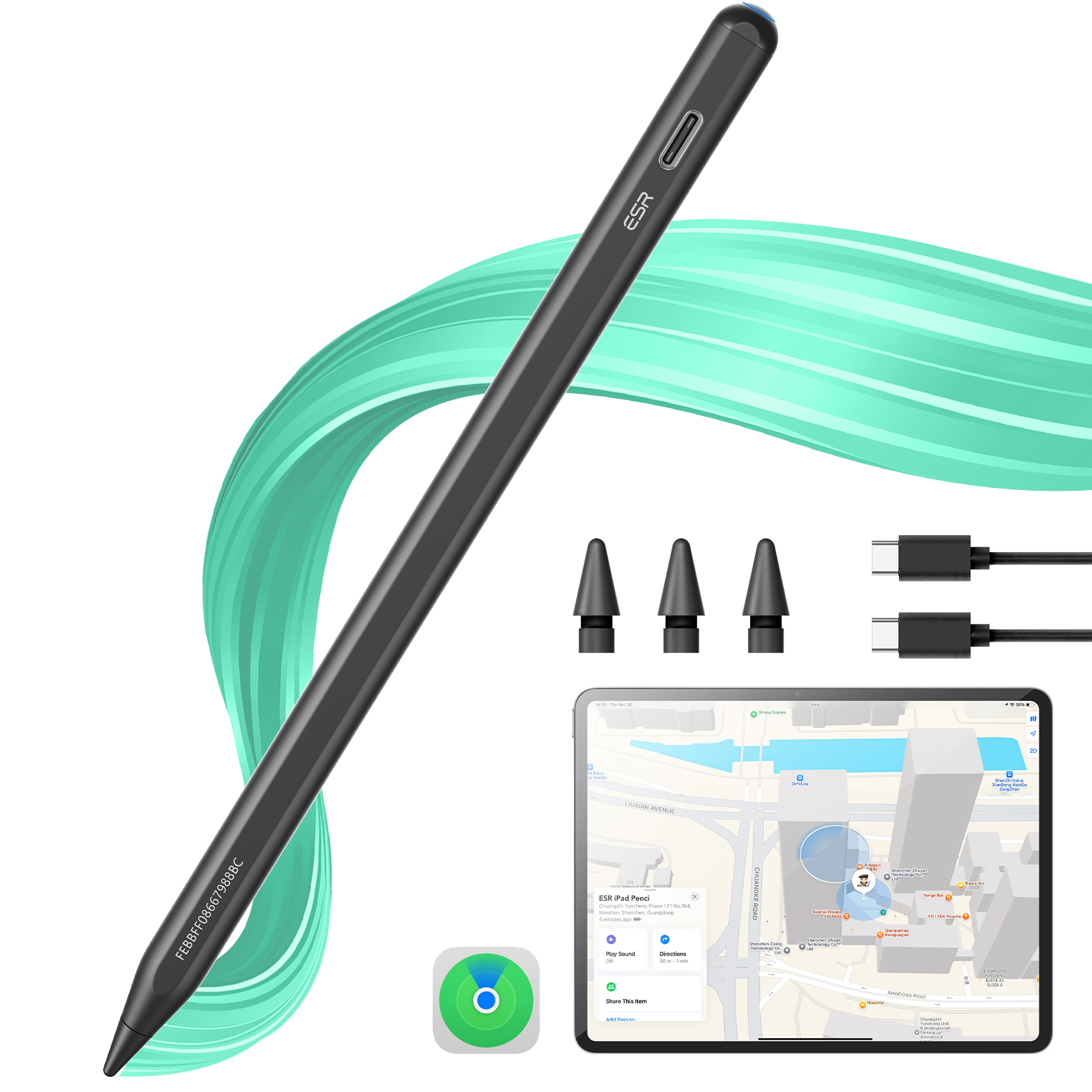 Ein schwarzer Eingabestift, Ersatzspitzen, USB-C-Kabel und ein Tablet mit Karten-App.
