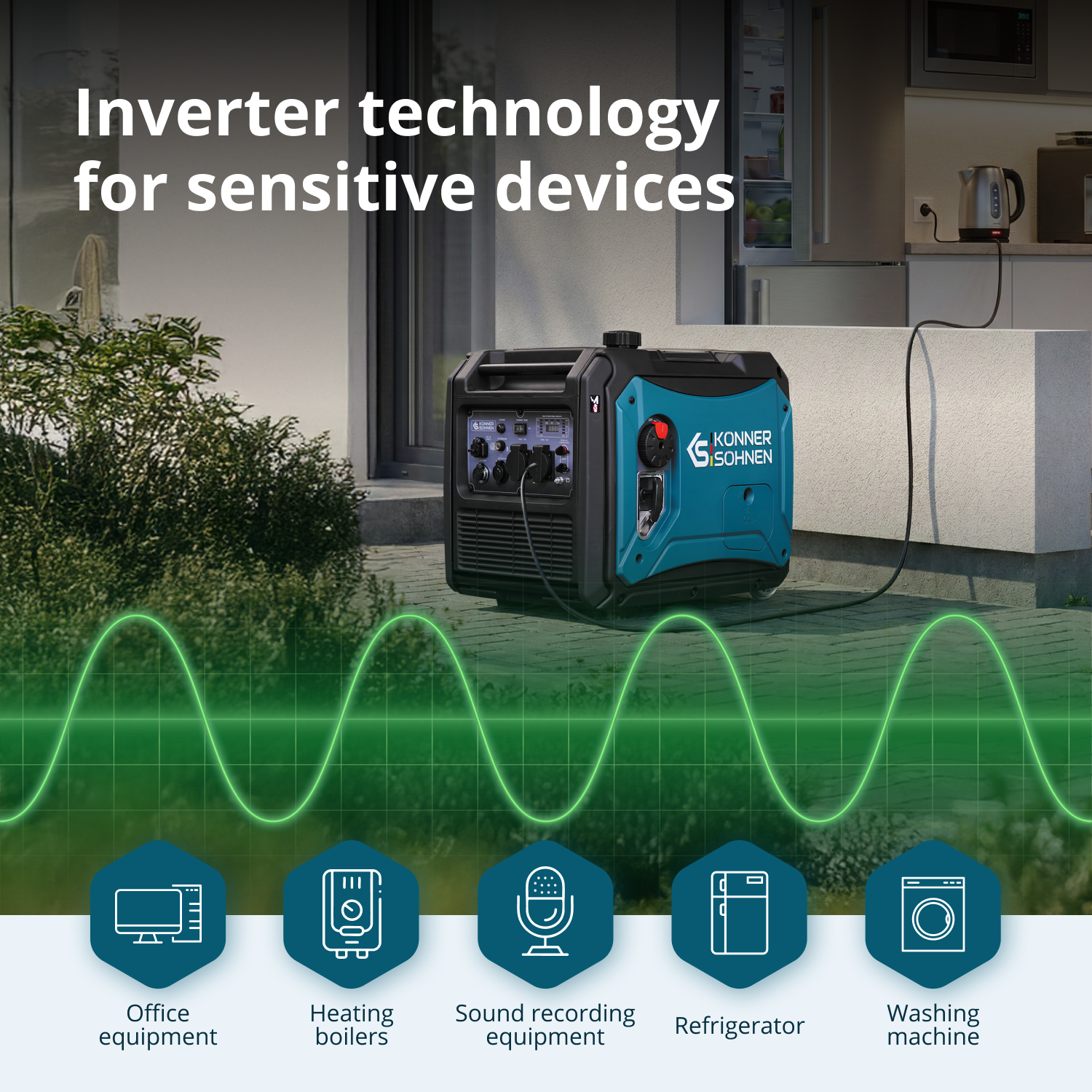 Niebieski generator prądu stoi przed domem, poniżej ikony urządzeń.