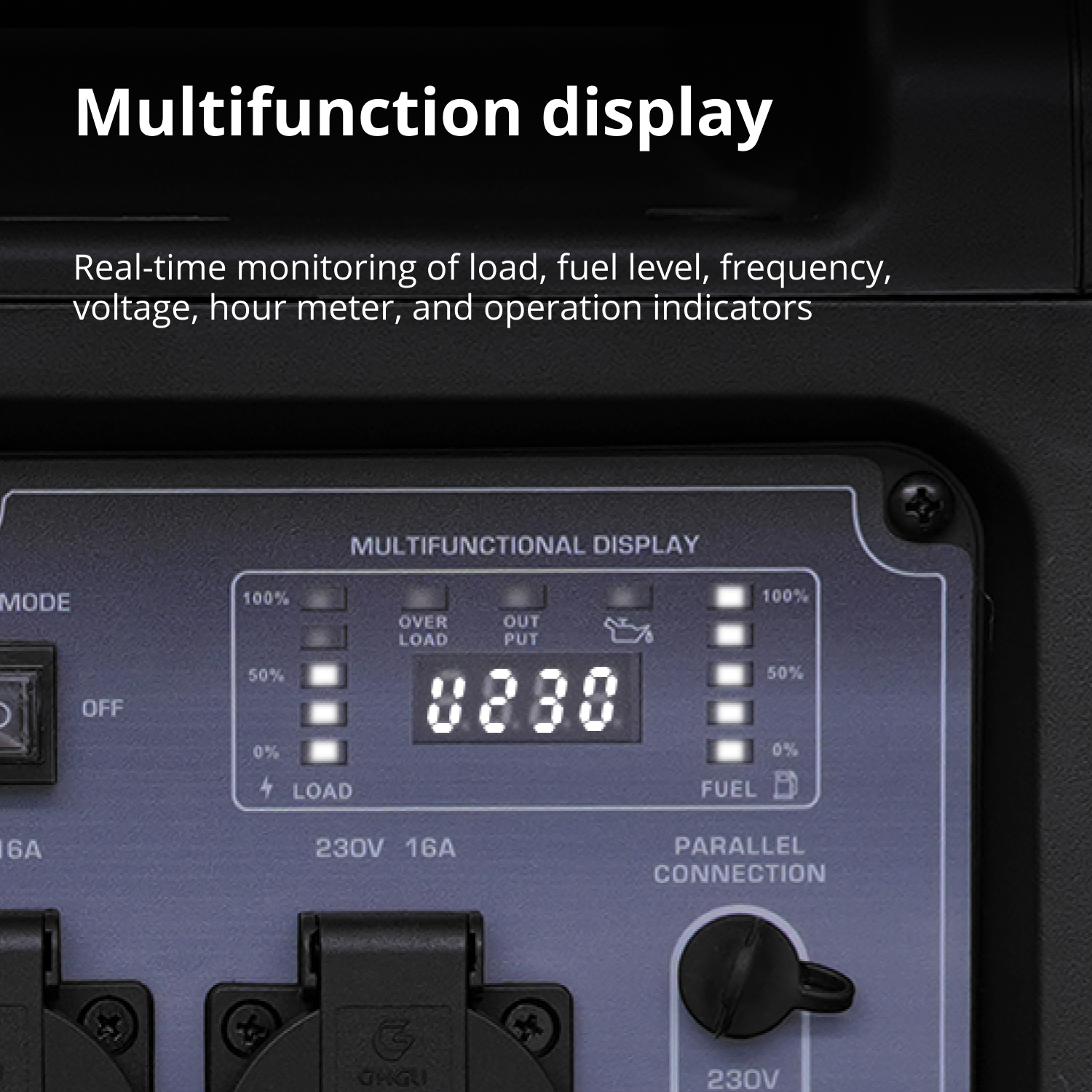 Wyświetlacz wielofunkcyjny pokazuje obciążenie, paliwo, częstotliwość i napięcie.