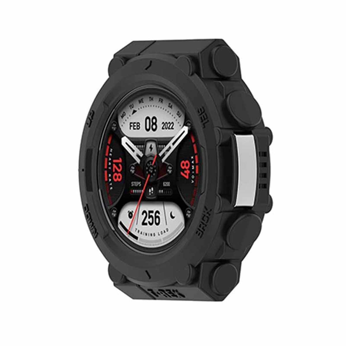Smartwatch nero con display digitale che mostra data, battito cardiaco e passi.