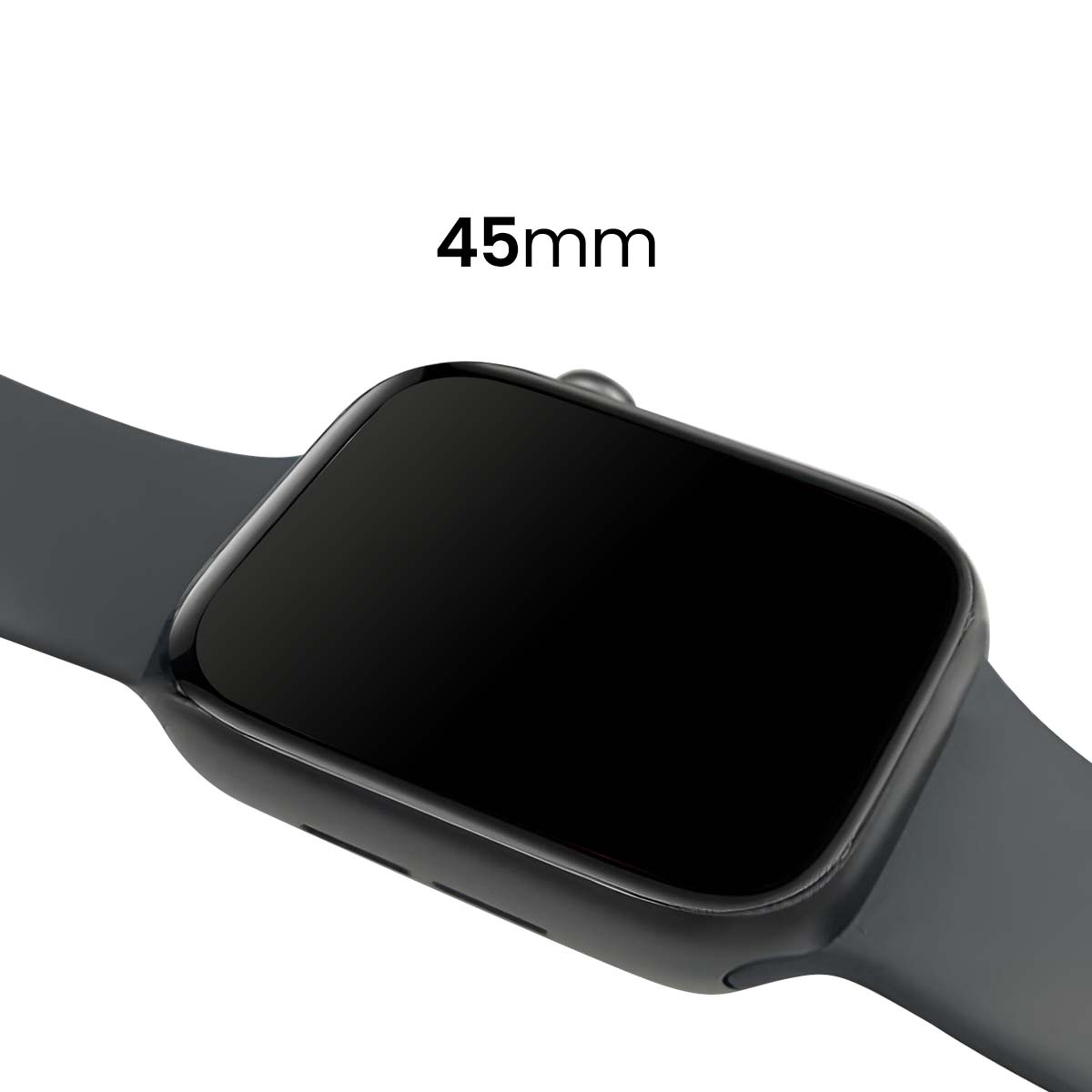 Uno smartwatch scuro da 45 mm con schermo nero e cinturino grigio.