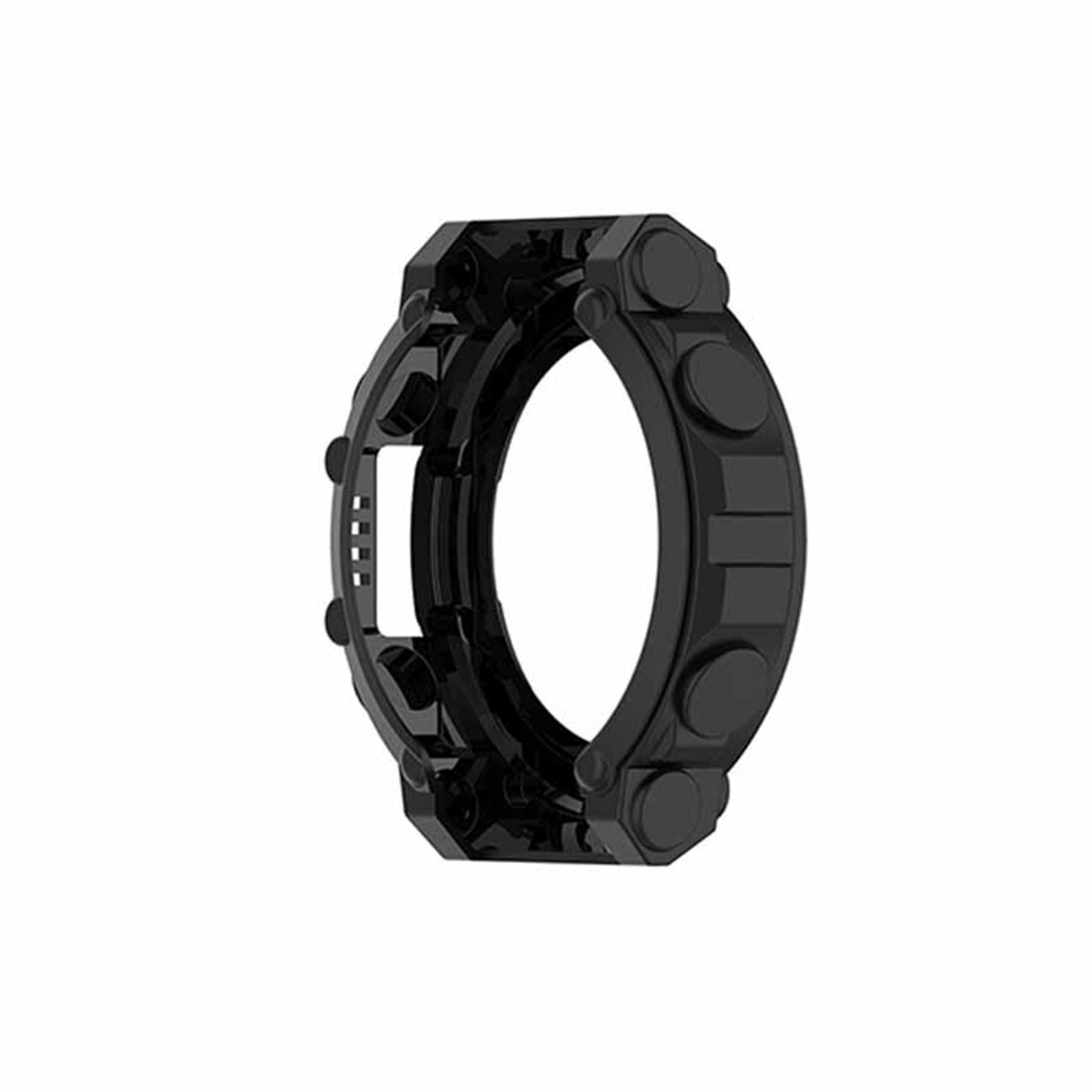 Anello protettivo nero per orologio con pulsanti laterali su sfondo bianco.