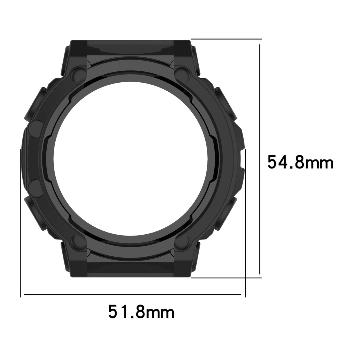 Cassa dell'orologio nera con dimensioni 51,8 mm e 54,8 mm.