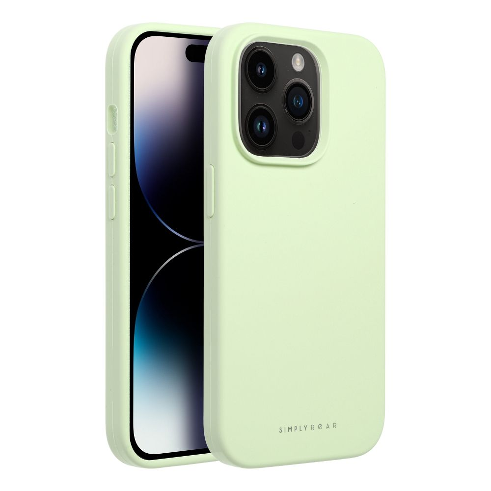 Ein hellgrünes iPhone mit einem Kameramodul und dem Logo SIMPLY ROAR.