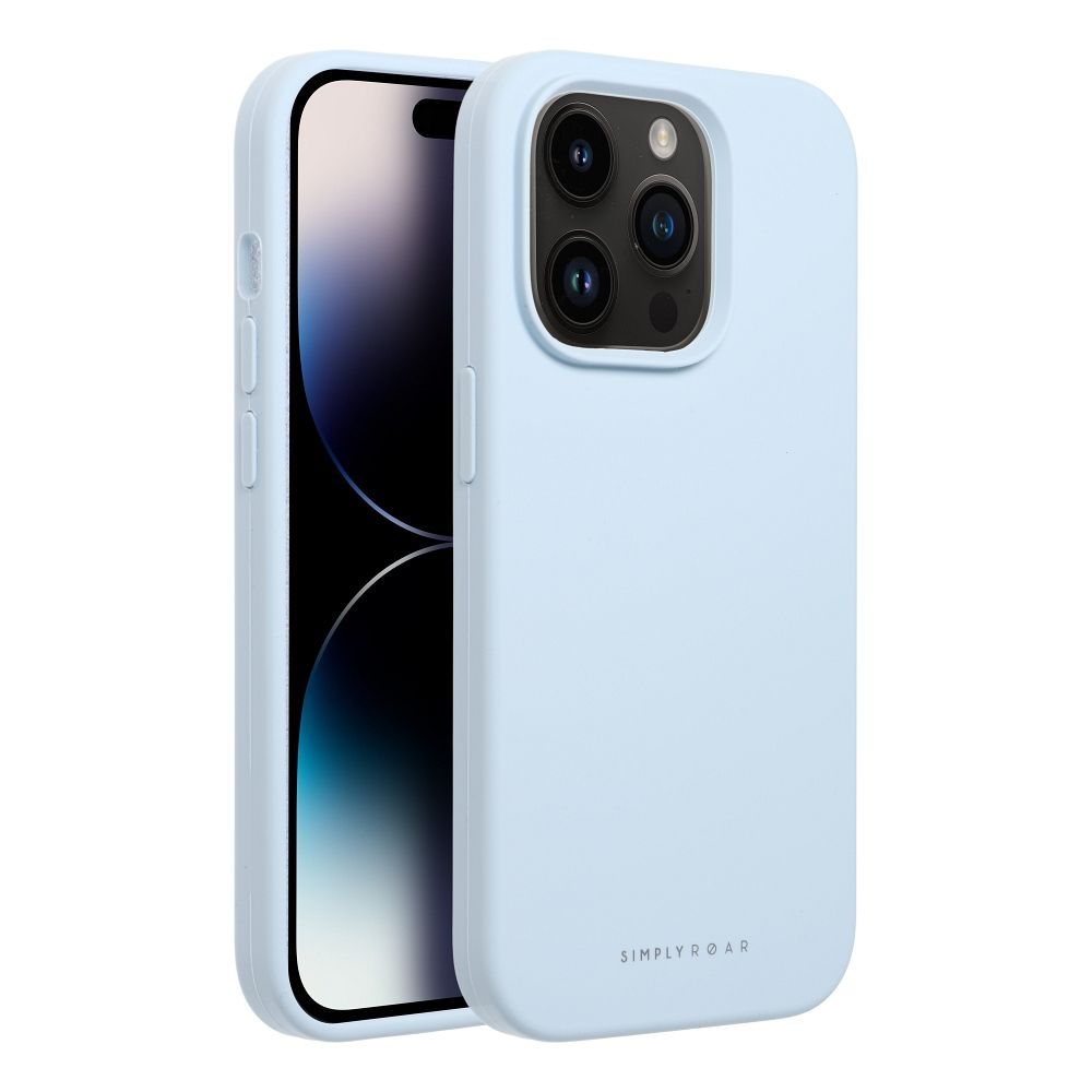 Ein hellblaues Handy in einer Hülle, mit Kameras und Logo auf der Rückseite.
