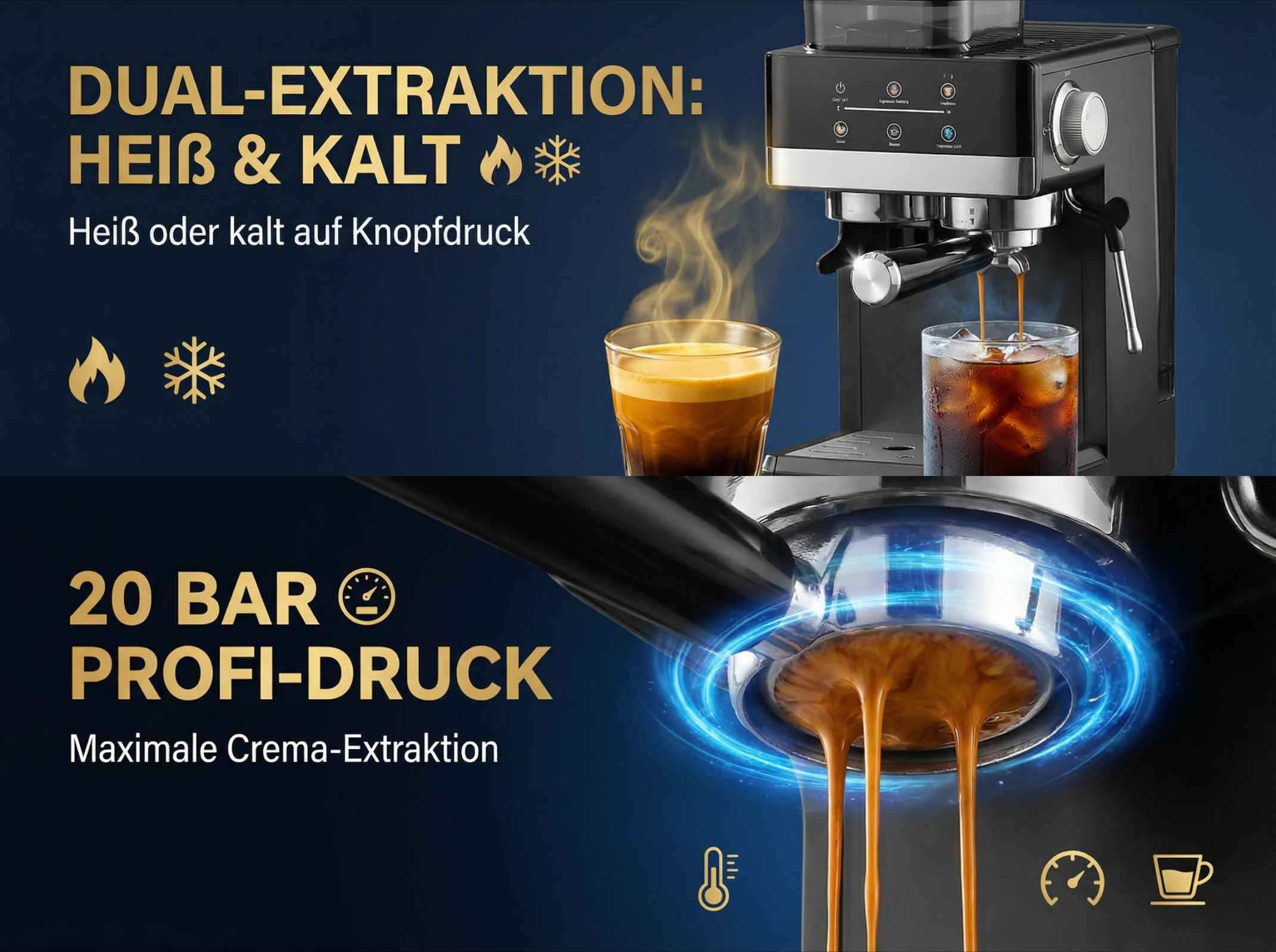 Kaffeemaschine brüht heißen und kalten Kaffee mit 20 Bar Druck.