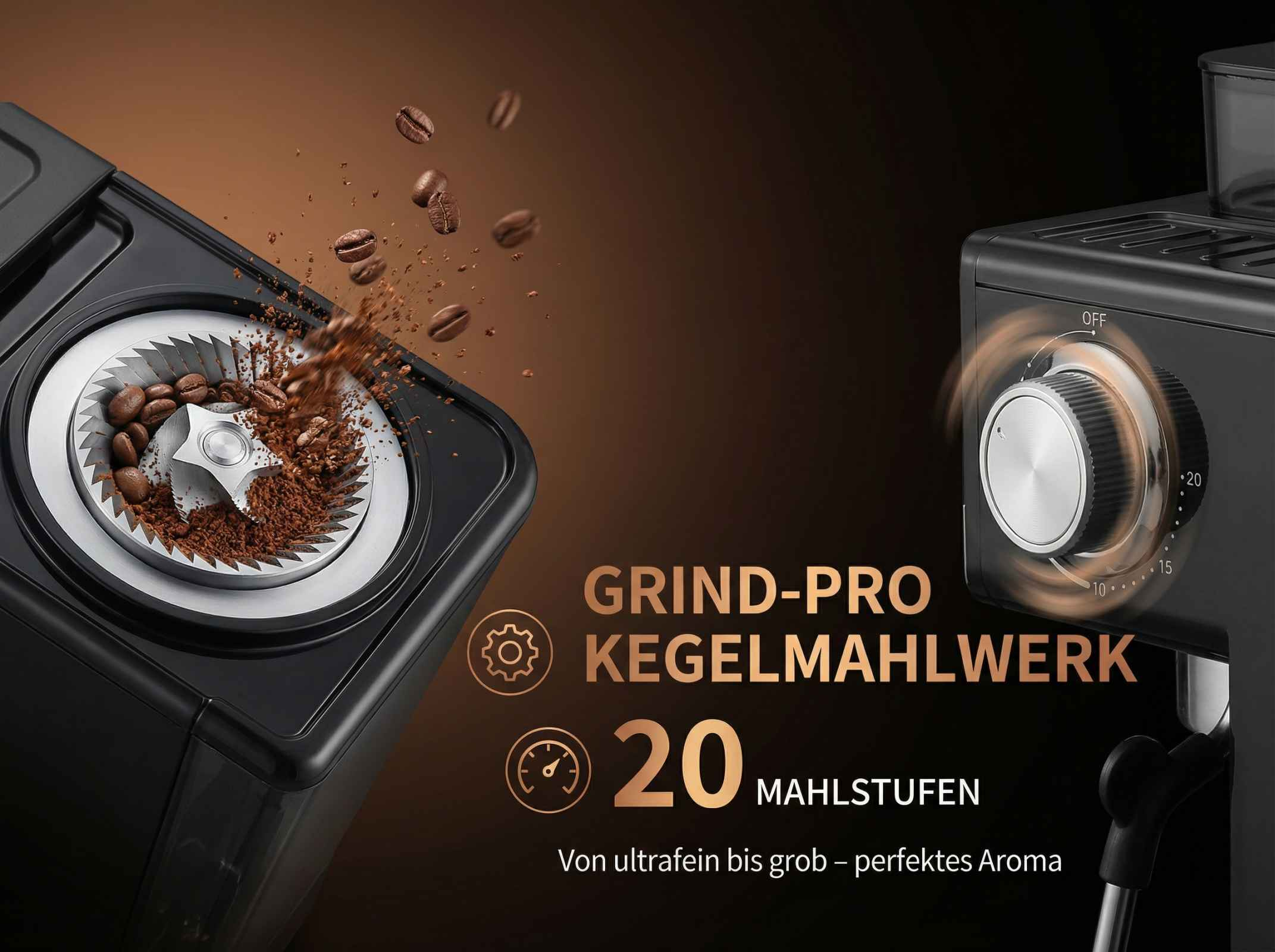 Kaffeemühle mahlt Bohnen, Einstellung "OFF" und 20 Stufen.
