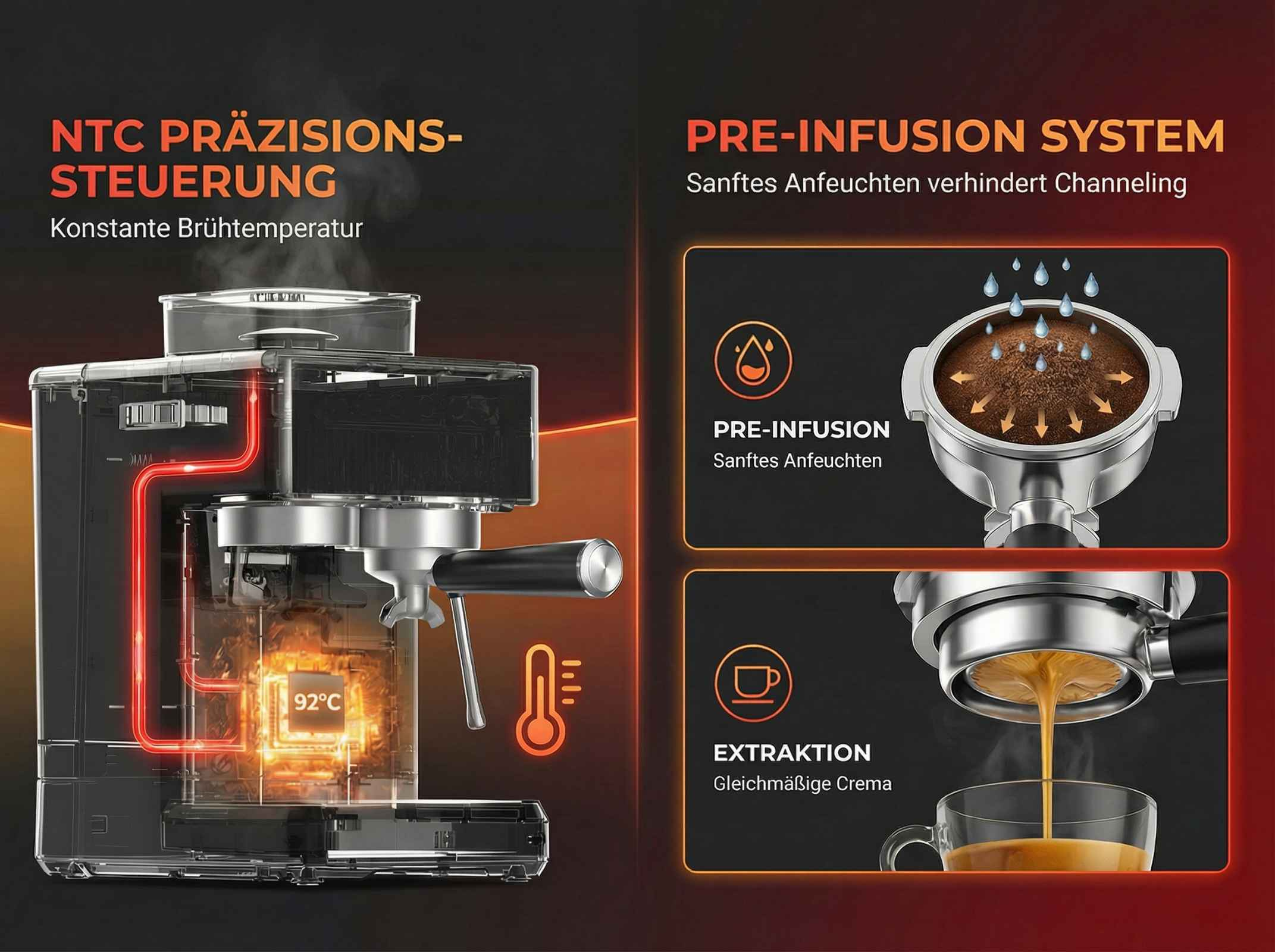 Espressomaschine mit NTC-Präzisionssteuerung und Pre-Infusion-System.