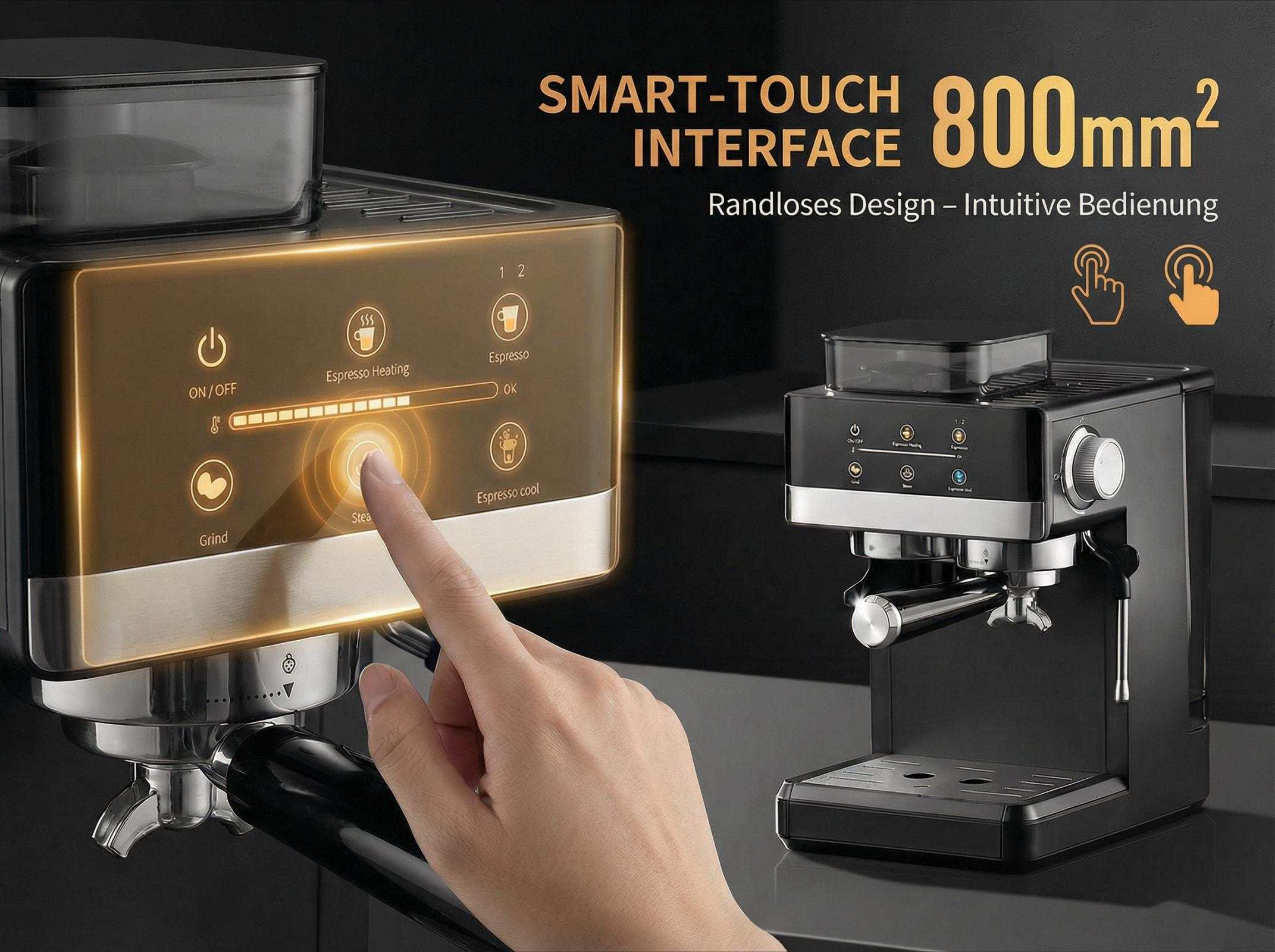 Eine Hand bedient eine Espressomaschine mit Touchscreen-Bedienfeld.