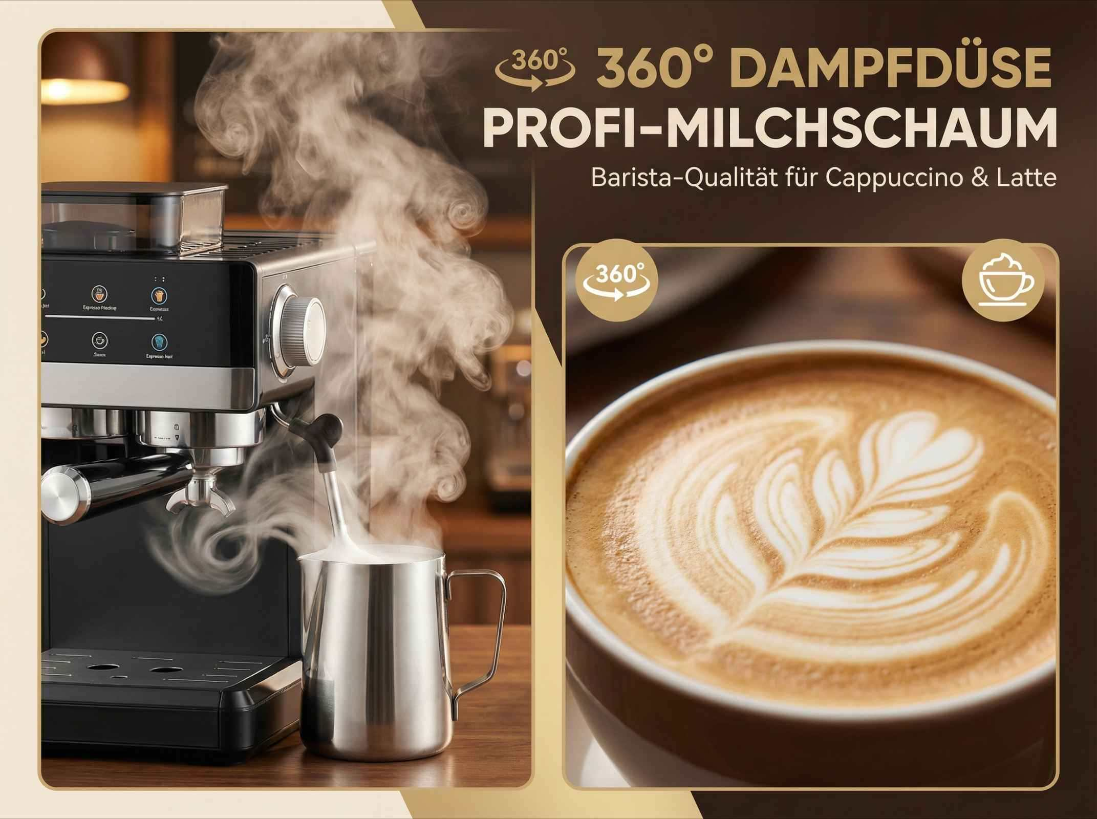 Kaffeemaschine mit Dampfdüse und Milchkännchen, daneben Cappuccino.