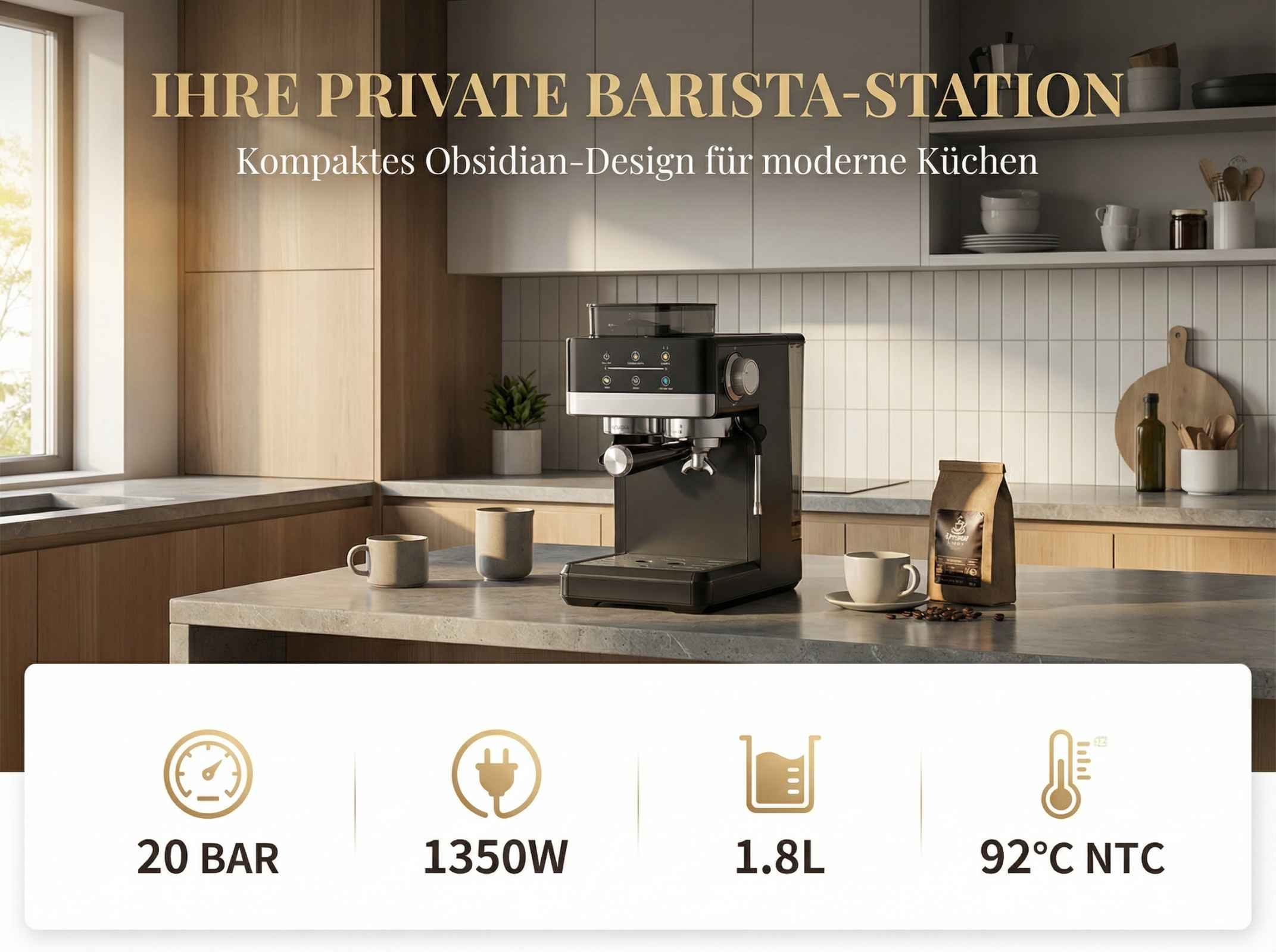Eine Kaffeemaschine auf einer Arbeitsplatte mit Tassen und Kaffeebohnen.