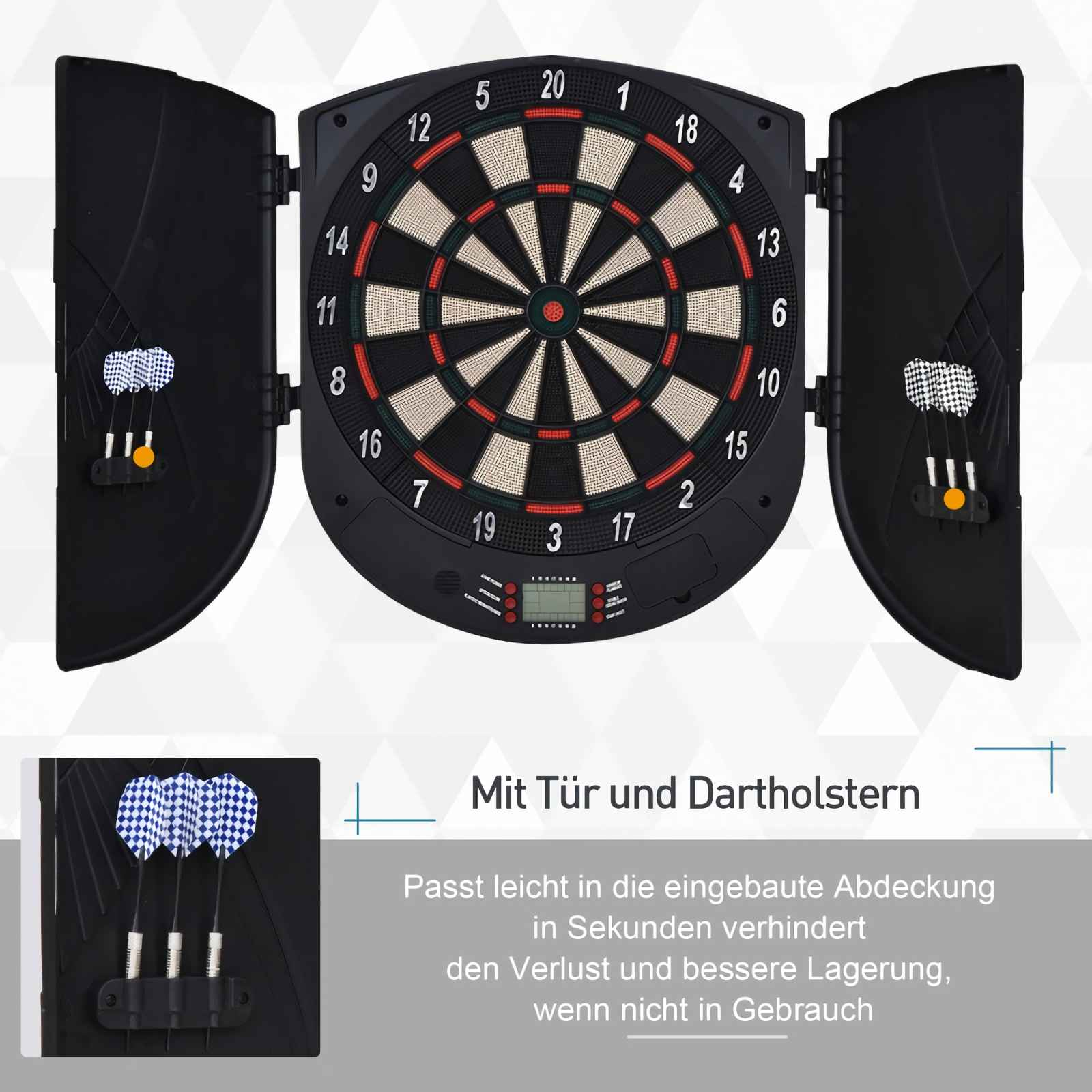 Elektronische Dartscheibe mit schwarzen Türen und Dartpfeilen.