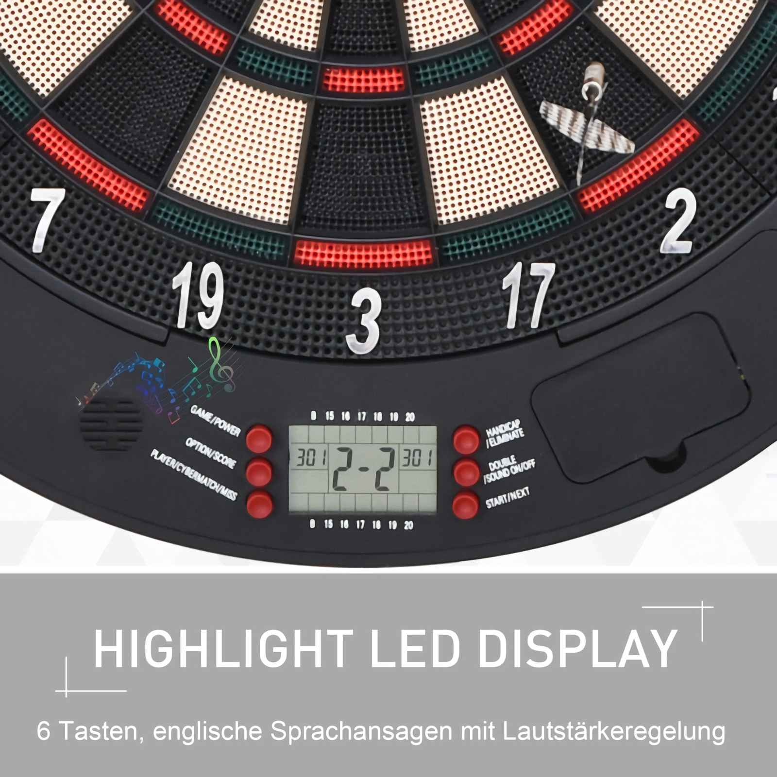 Elektronische Dartscheibe mit digitaler Anzeige und Bedienelementen.