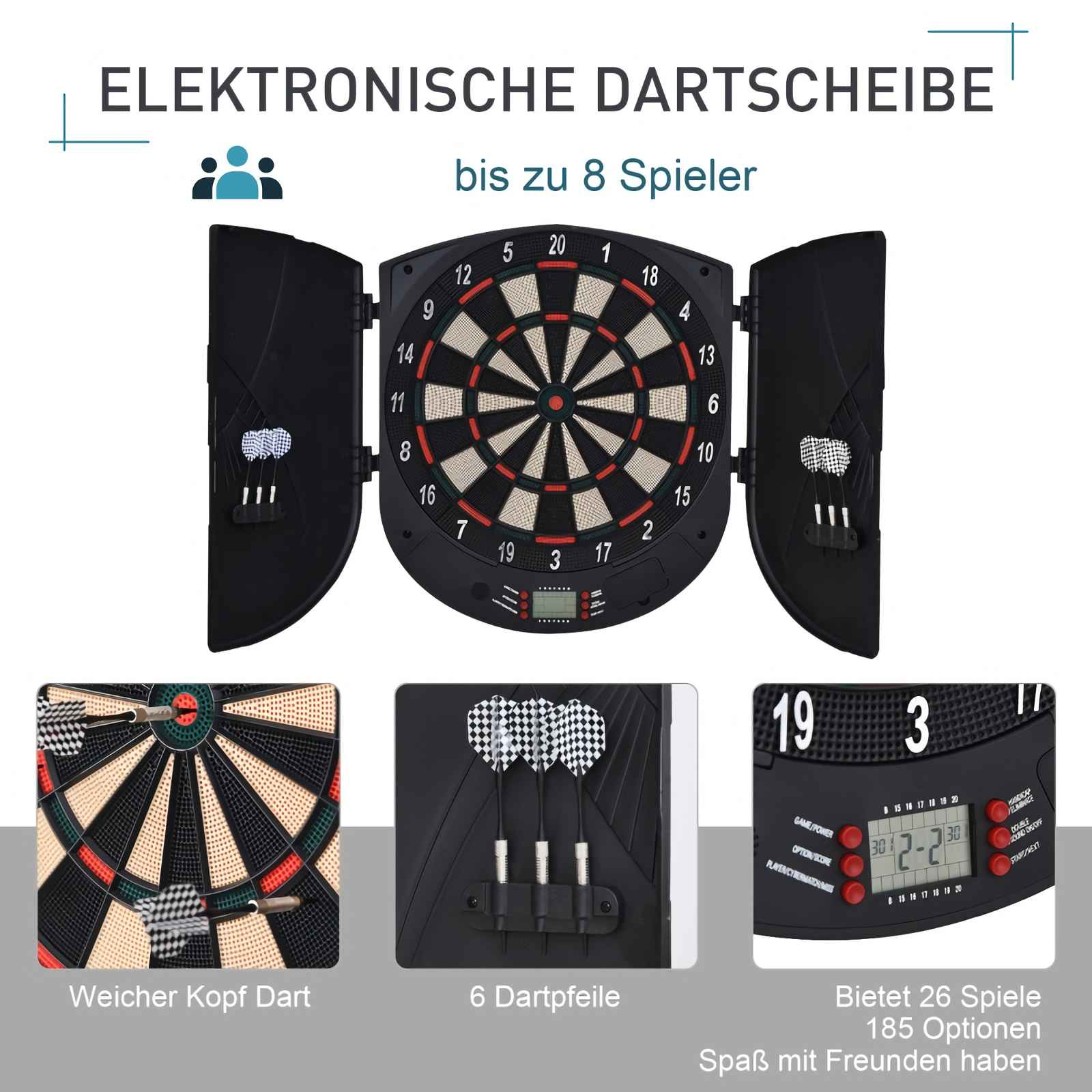 Eine elektronische Dartscheibe mit geöffneten Seitenwänden, die ein schwarzes, weißes und rotes Ziel zeigt. Darts sind sichtbar.