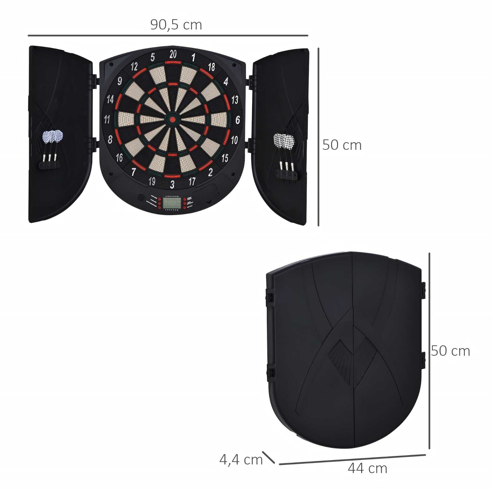 Dartscheibe mit geöffneten schwarzen Türen, Maße 90,5x50 cm.