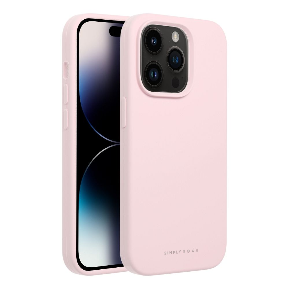 Eine hellrosa Handyhülle bedeckt ein Smartphone mit dunklem Bildschirm und Dreifachkamera.