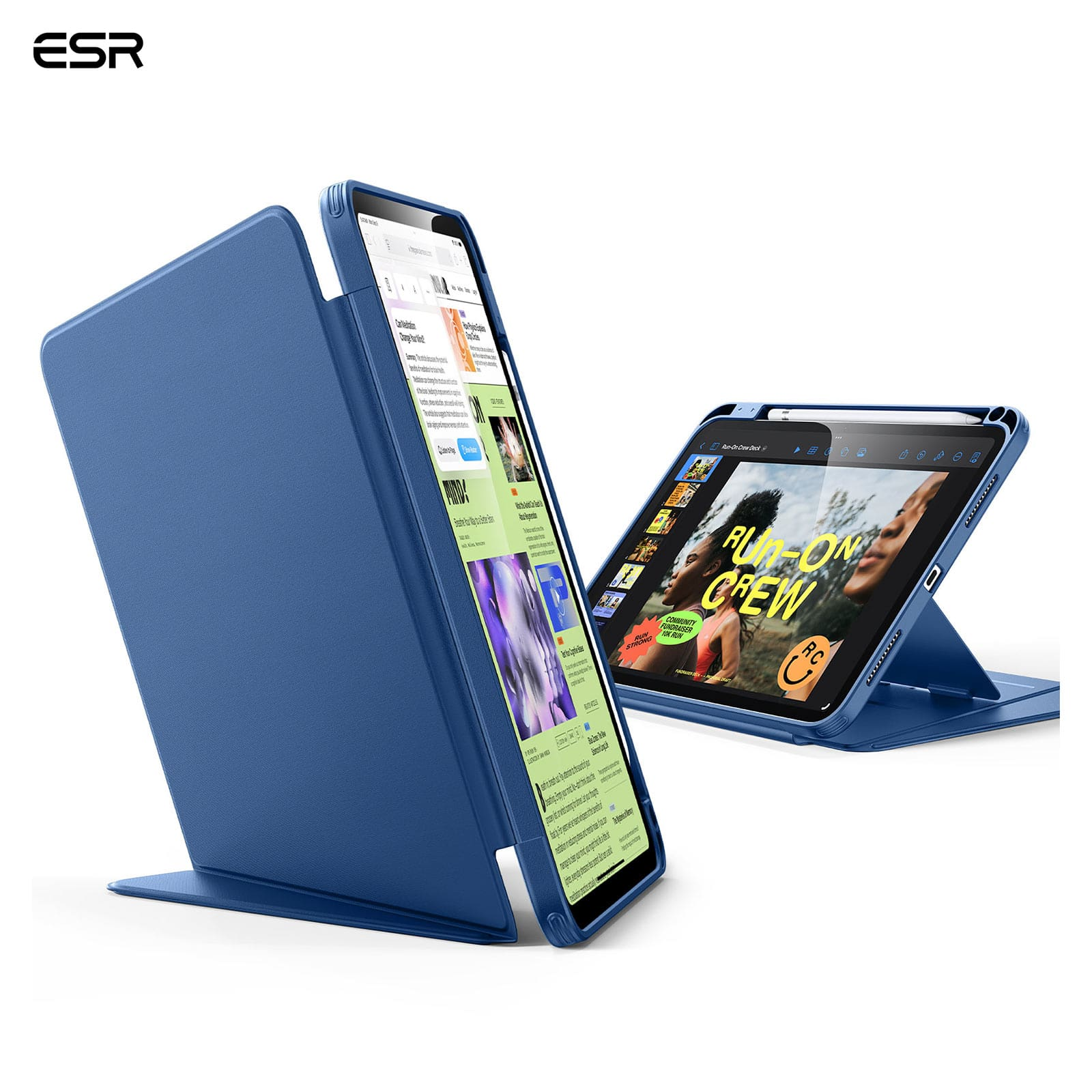 Zwei blaue Tablets mit Hüllen, eines mit geöffneter Hülle, das andere aufgestellt.