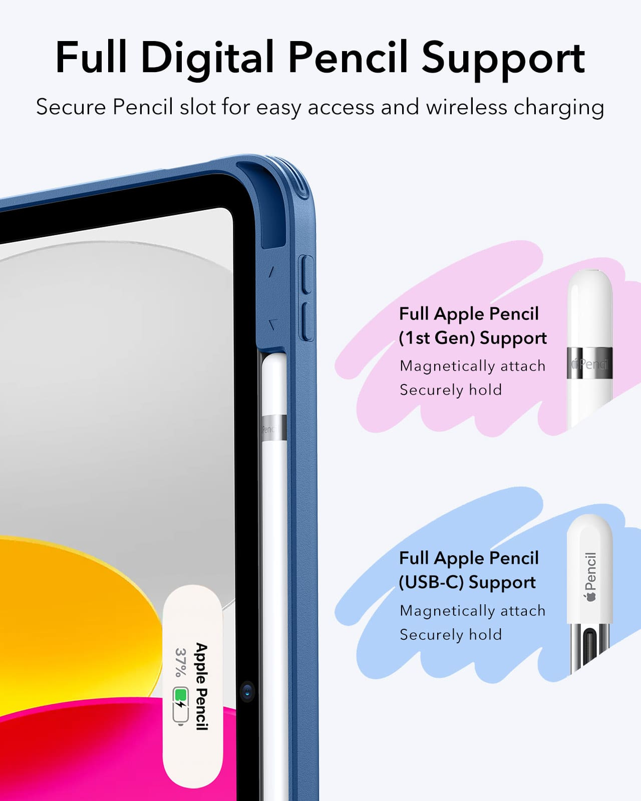 Ein blauer Tablet-Ständer mit Apple Pencil (1. Gen) und (USB-C) Unterstützung.