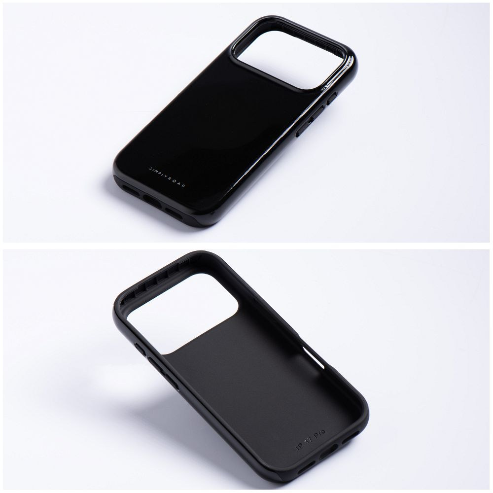 Schwarze iPhone-Hülle, Vorder- und Rückansicht, glatte Oberfläche.