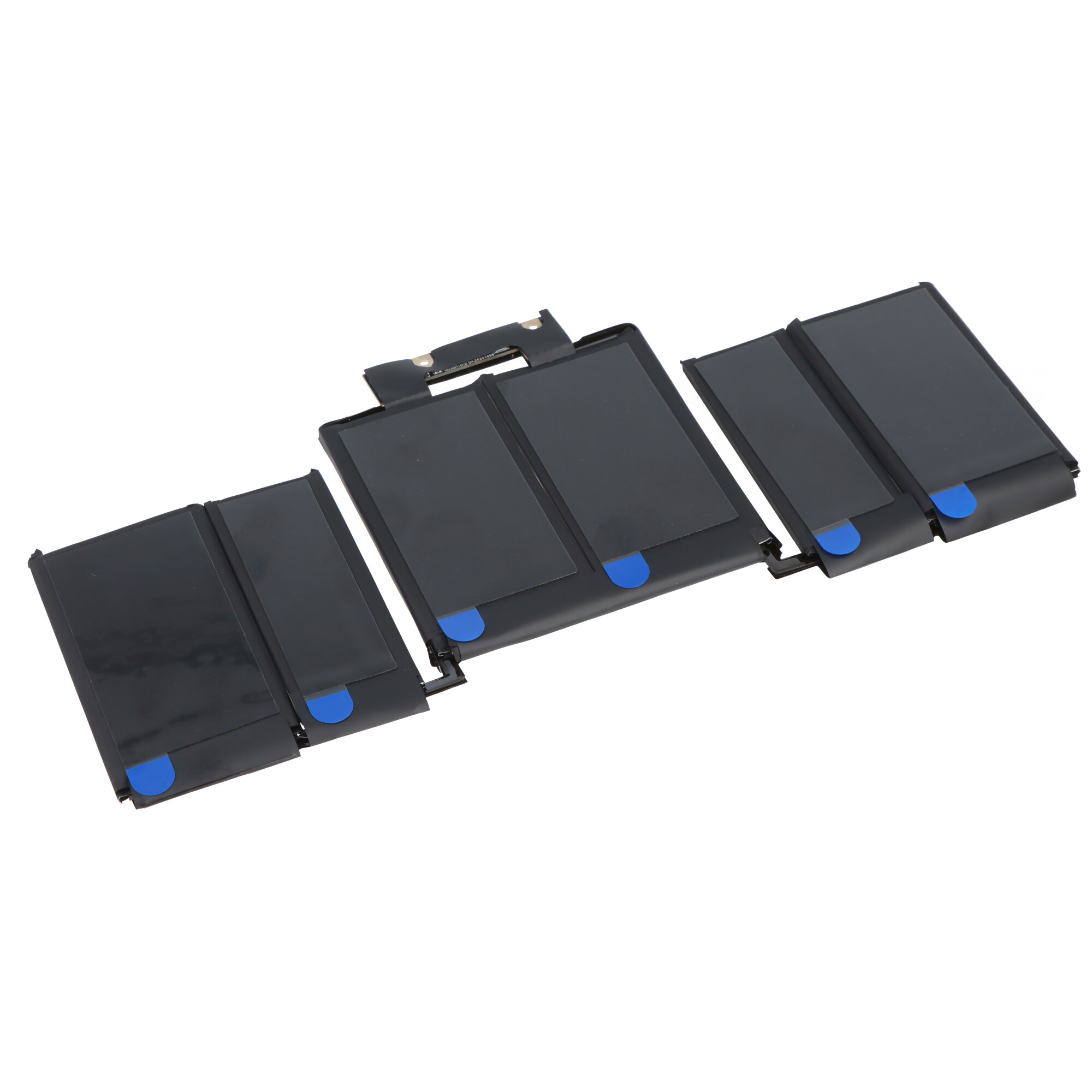 Ein schwarzer Laptop-Akku mit blauen Laschen, auf weißem Hintergrund.