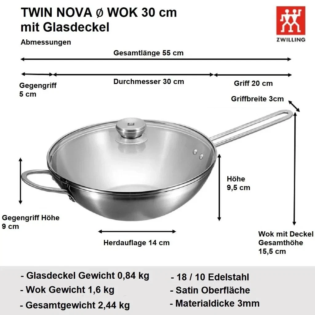 Edelstahl-Wok mit Glasdeckel, 30 cm Durchmesser, mit Maßangaben.