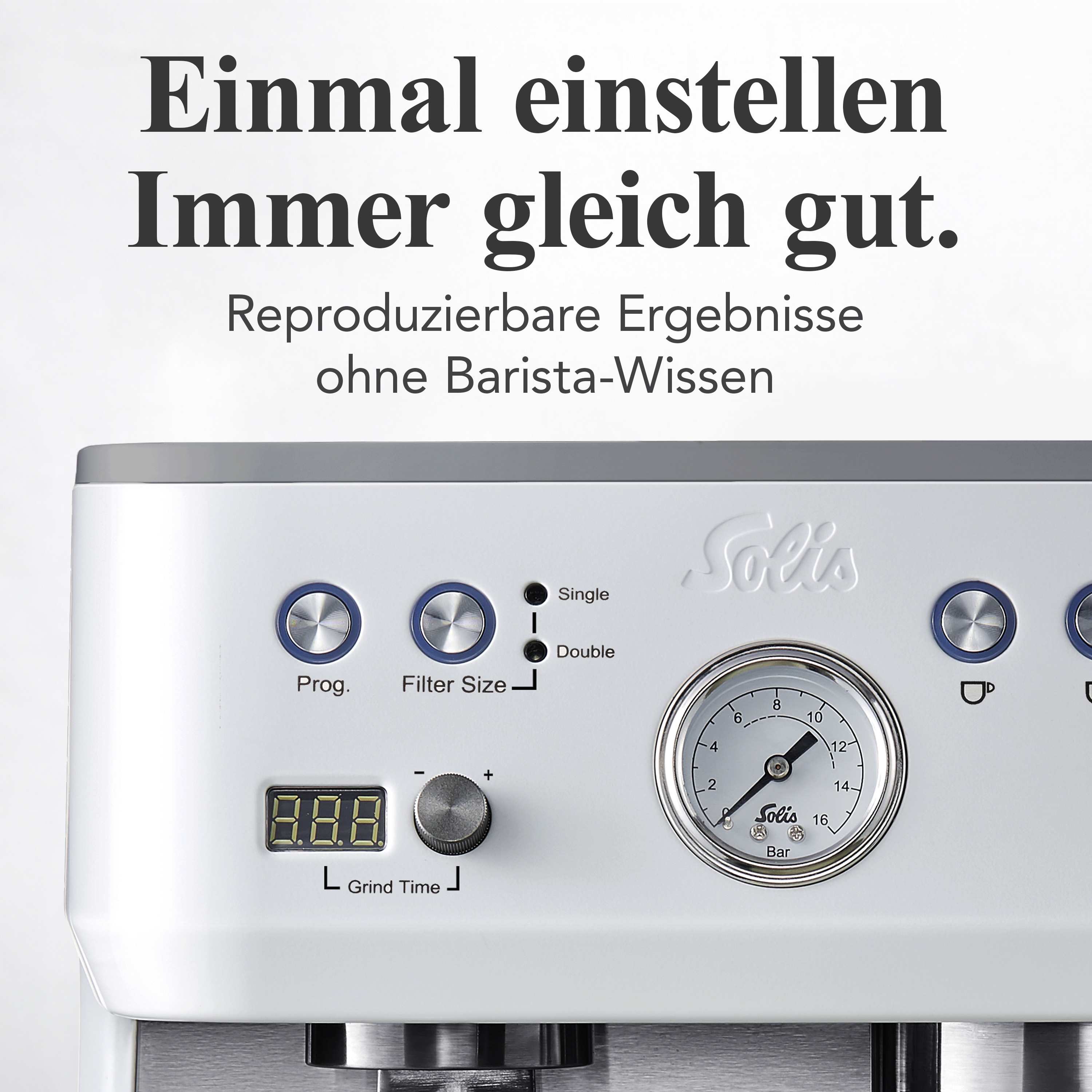 Nahaufnahme einer weißen Kaffeemaschine mit Manometer, Knöpfen und digitaler Anzeige.
