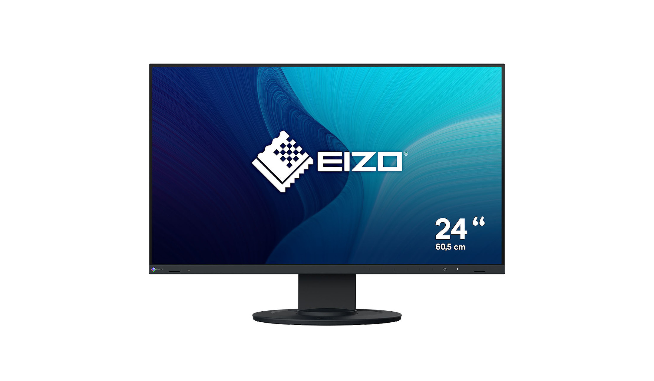 Een zwarte EIZO-monitor met een 24-inch scherm (60,5 cm) toont een blauw en teal abstract golfpatroon.