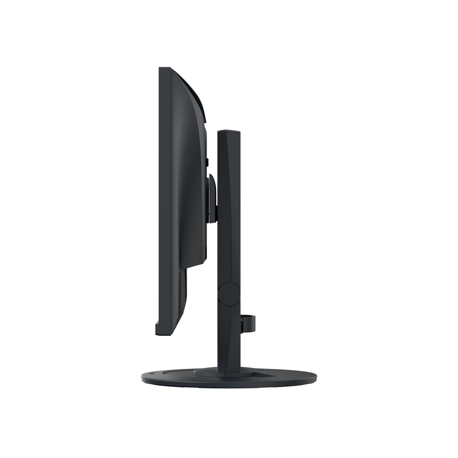 Zijaanzicht van een zwarte monitor met arm en voet op witte achtergrond.