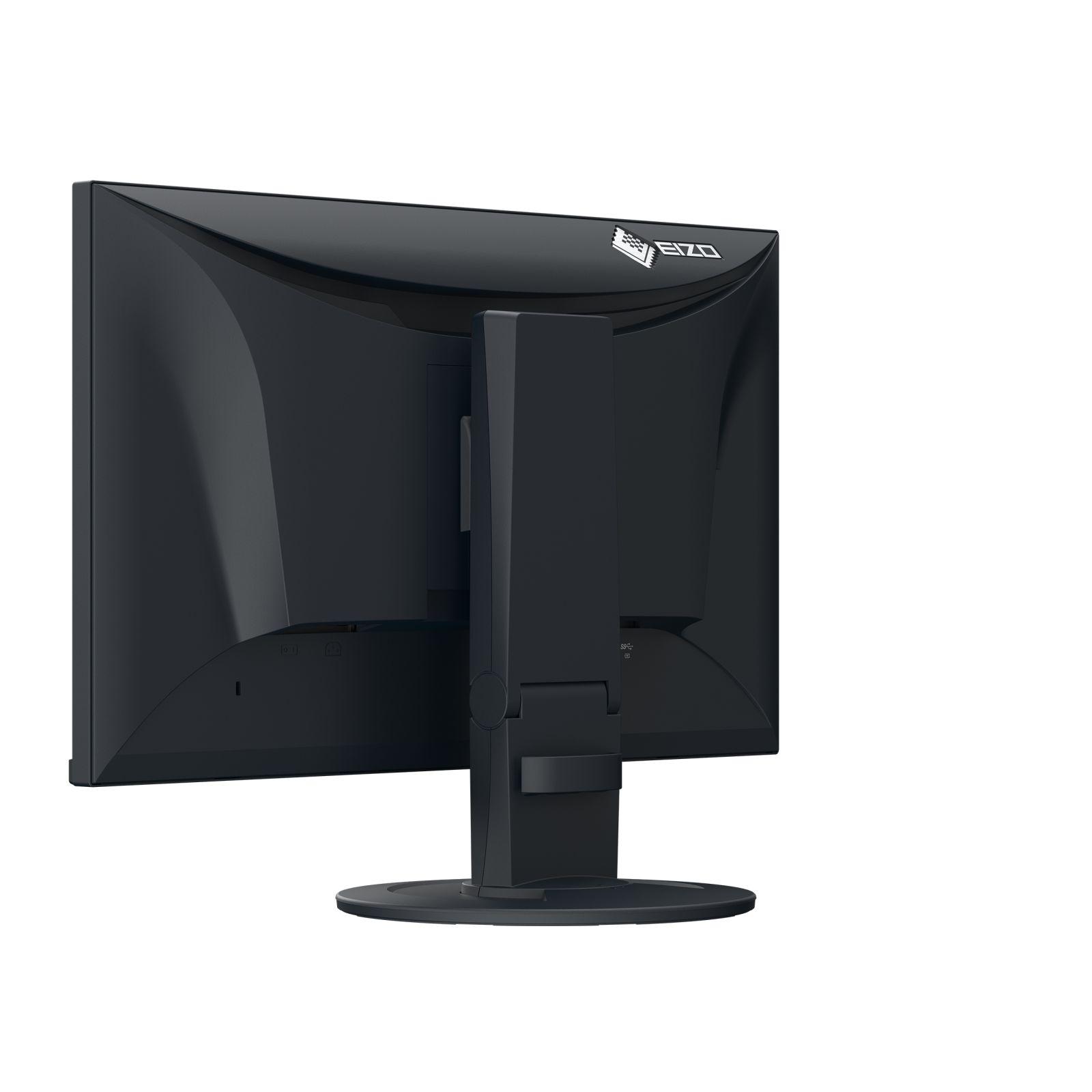 Achterkant van een zwarte monitor met EIZO-logo en verstelbare standaard.