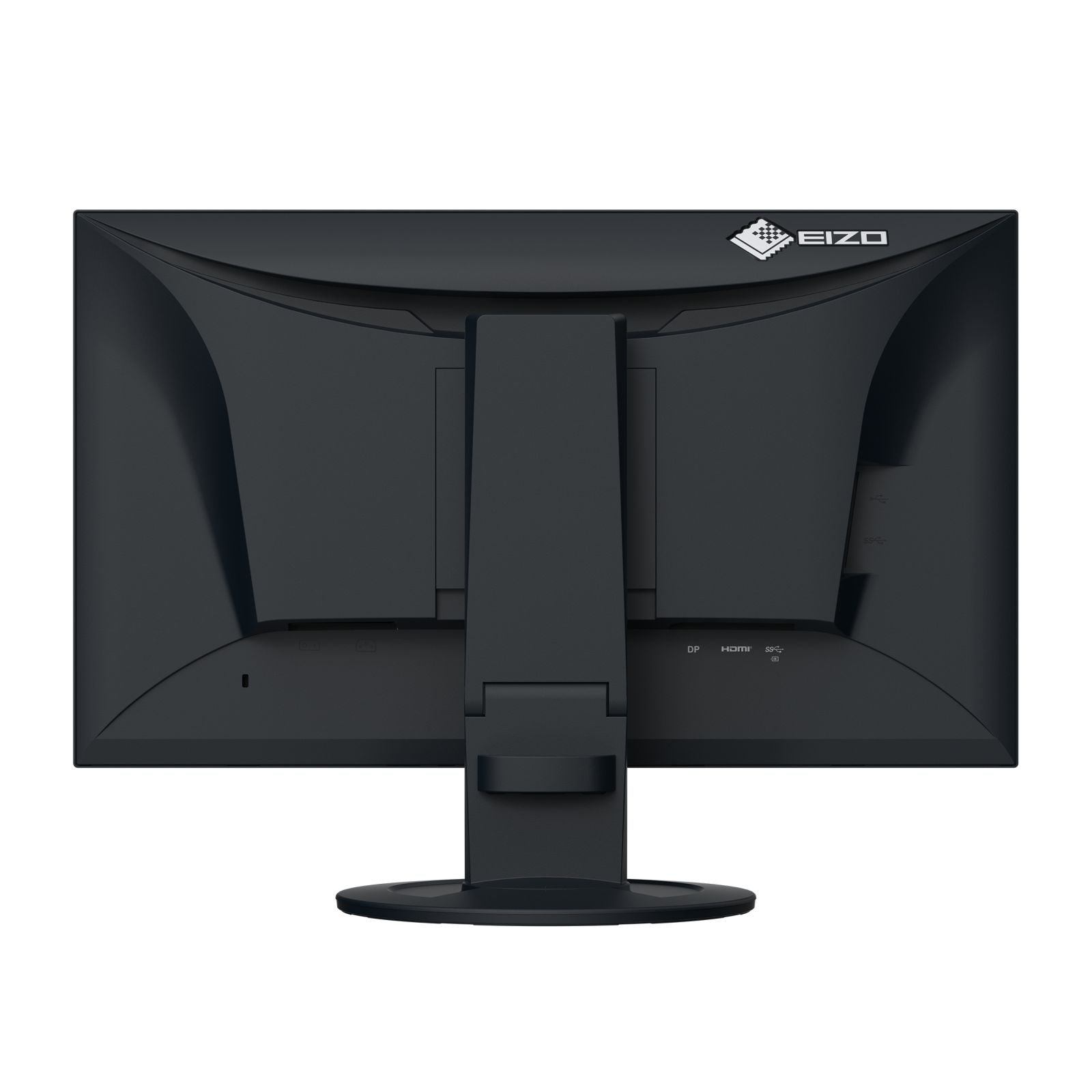 Achterkant van een zwarte monitor met EIZO-logo en poorten zoals DP en HDMI.