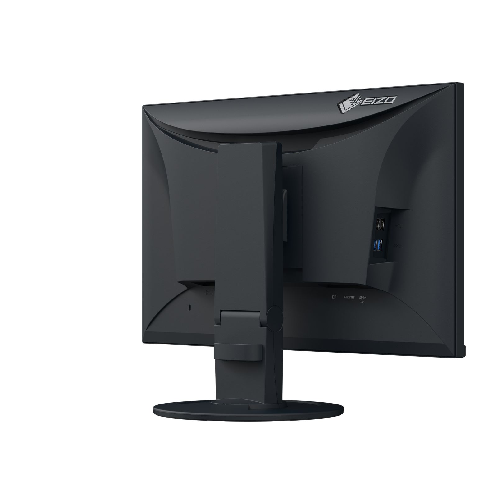 Achterkant van een zwarte monitor met EIZO-logo en poorten.