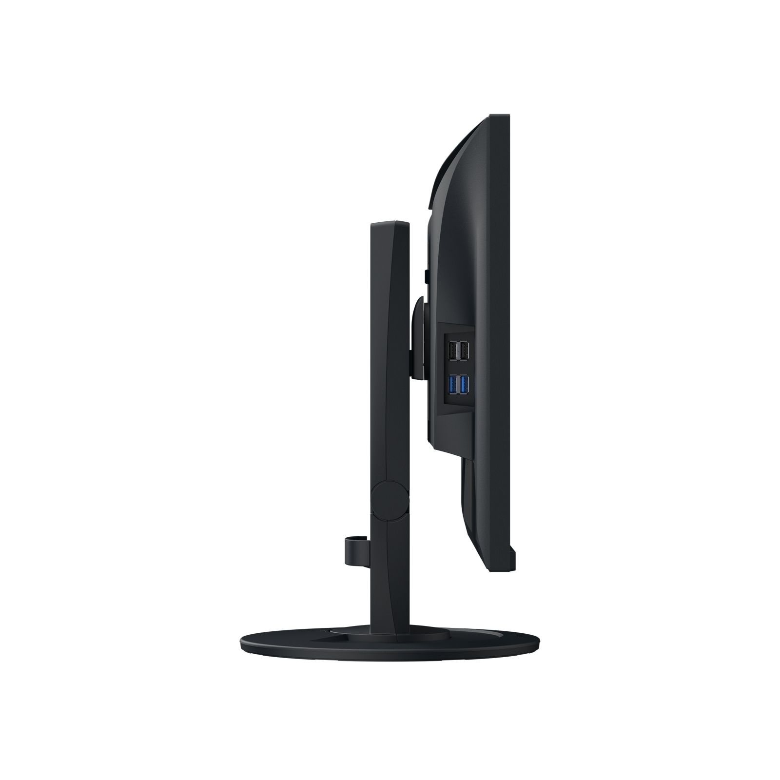 Zijaanzicht van een zwarte monitor met USB-poorten aan de achterkant.