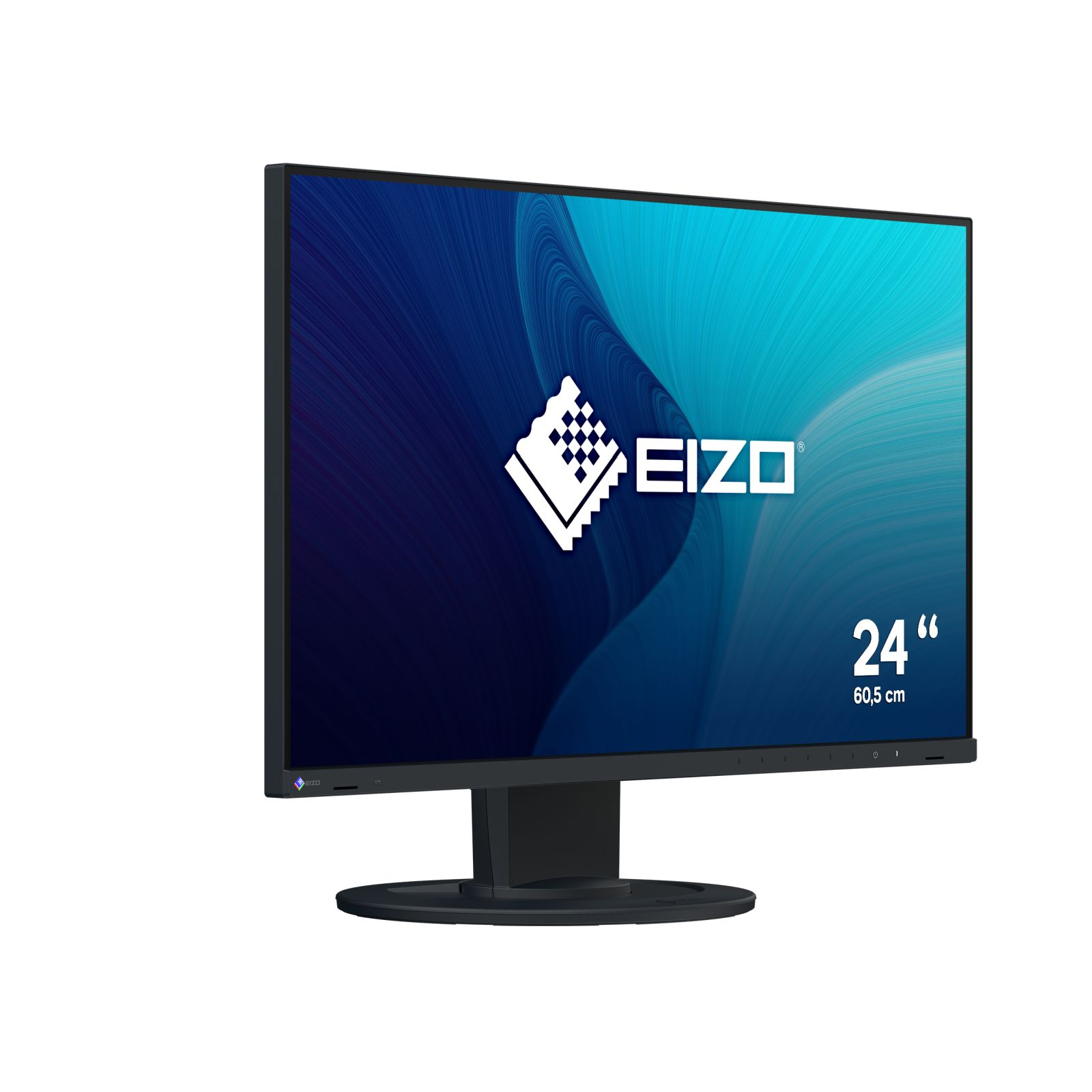 Een zwarte EIZO 24-inch monitor met abstracte blauwe achtergrond en EIZO-logo.