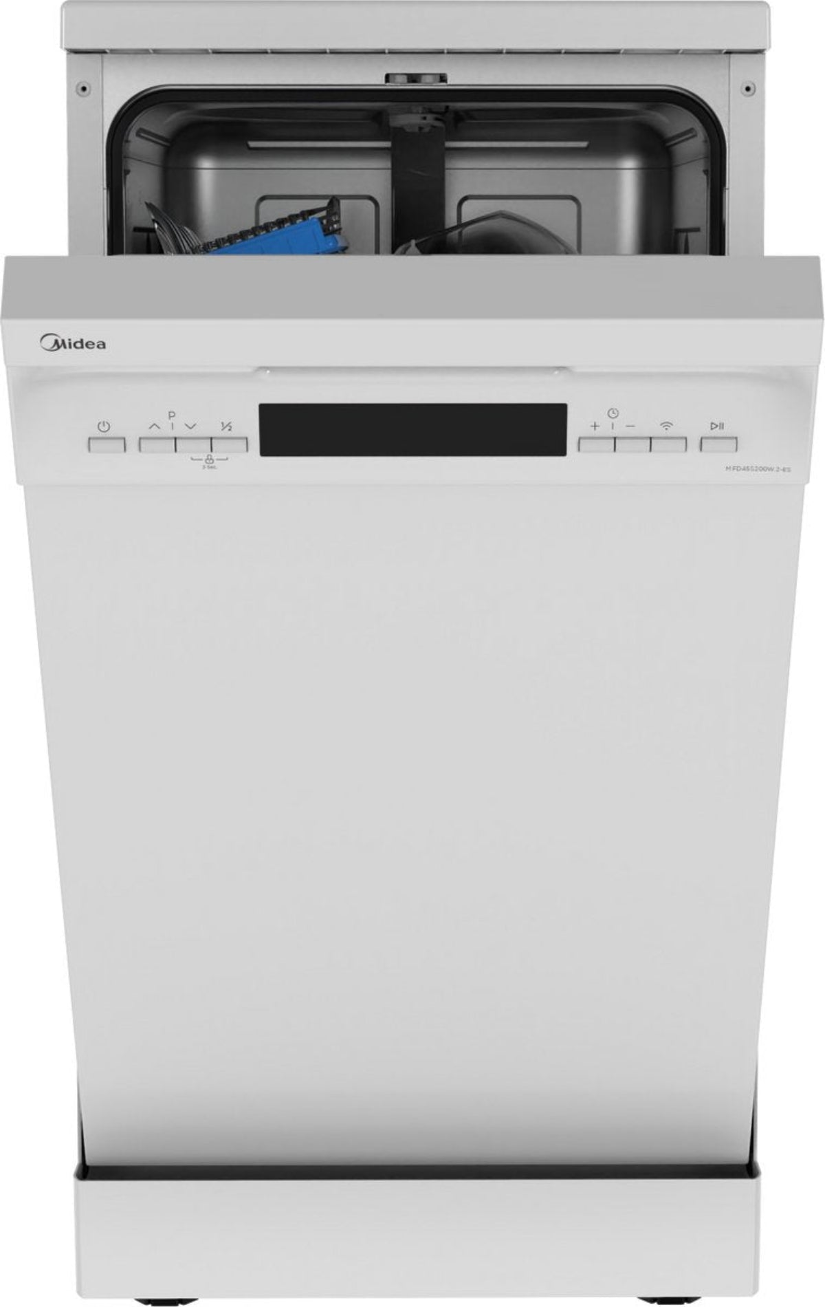 A white Midea dishwasher with its door open, showing the interior and controls.